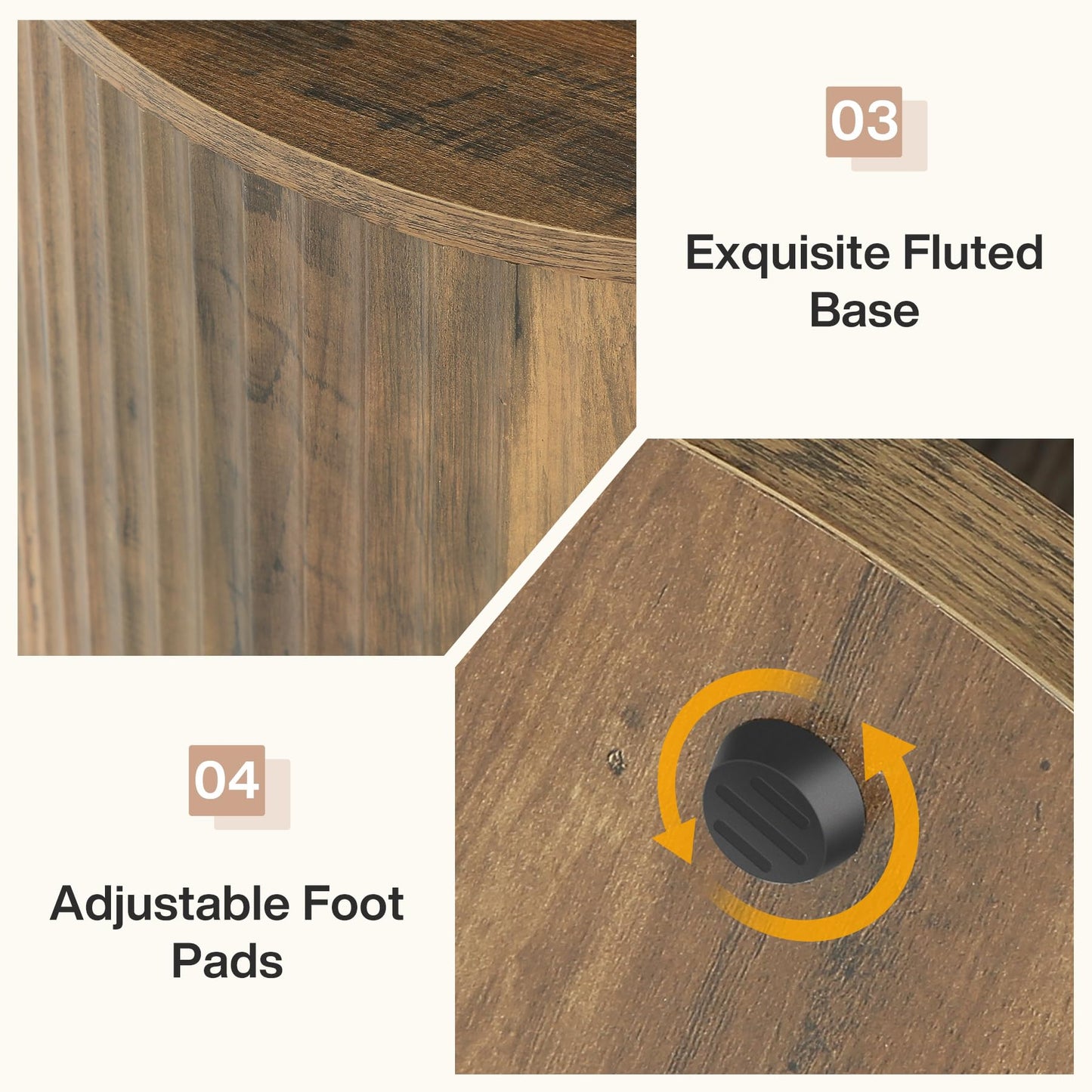 Tribesigns Round Fluted End Table, Farmhouse Round Side Table with 3-Tier Storage Shelf, Circle Bedside Nightstand for Living Room, Bedroom, Small Spaces, Rustic Brown