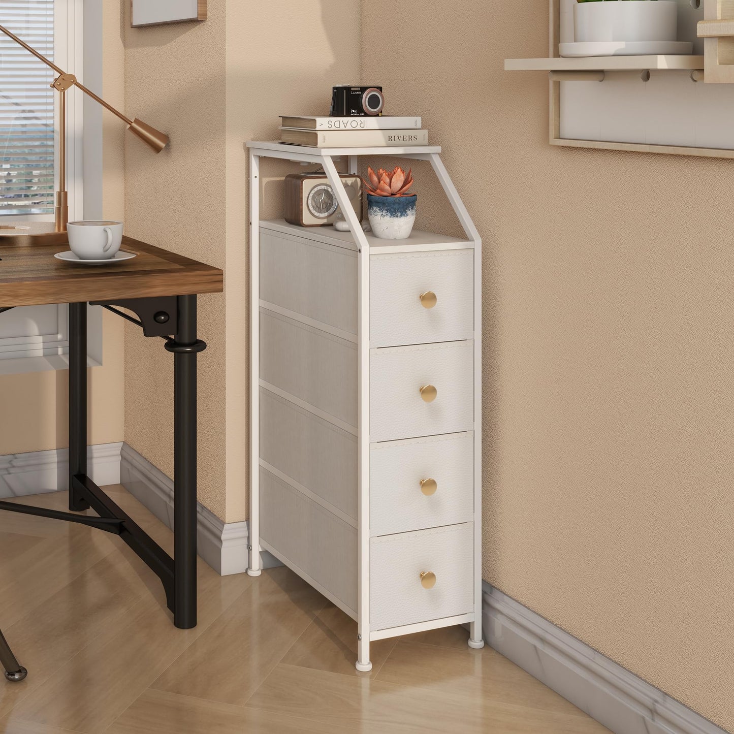 Tohomeor Narrow Dresser Tall Skinny Storage Tower Vertical Slim Chest of Drawers with Charging Station Small Nightstand Side Table for Bedroom, Bathroom, Small Spaces (White, 4 Drawers)