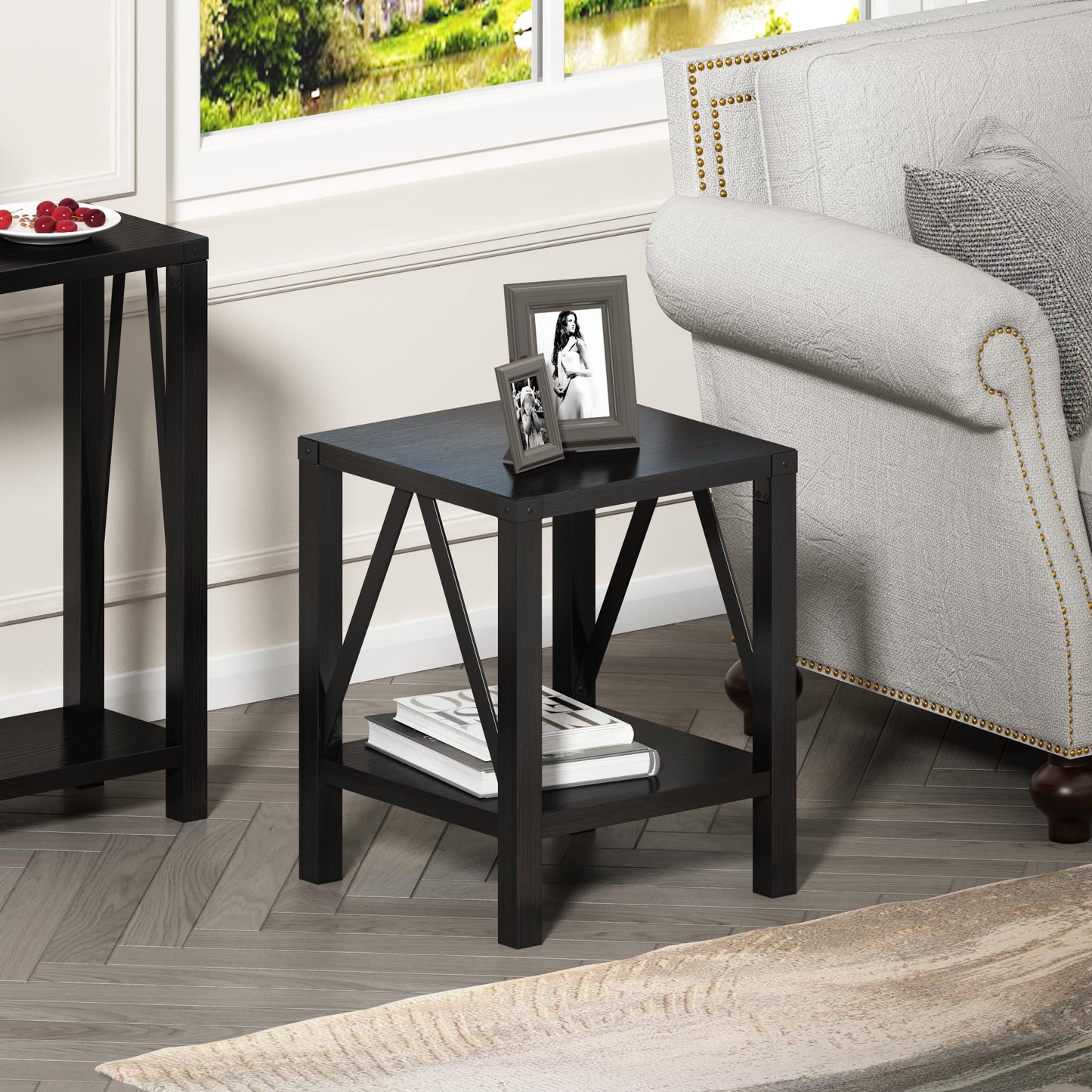Treocho Farmhouse End Table Set of 2, Rustic Vintage Nightstand Side Table with Shelf for Living Room, Black