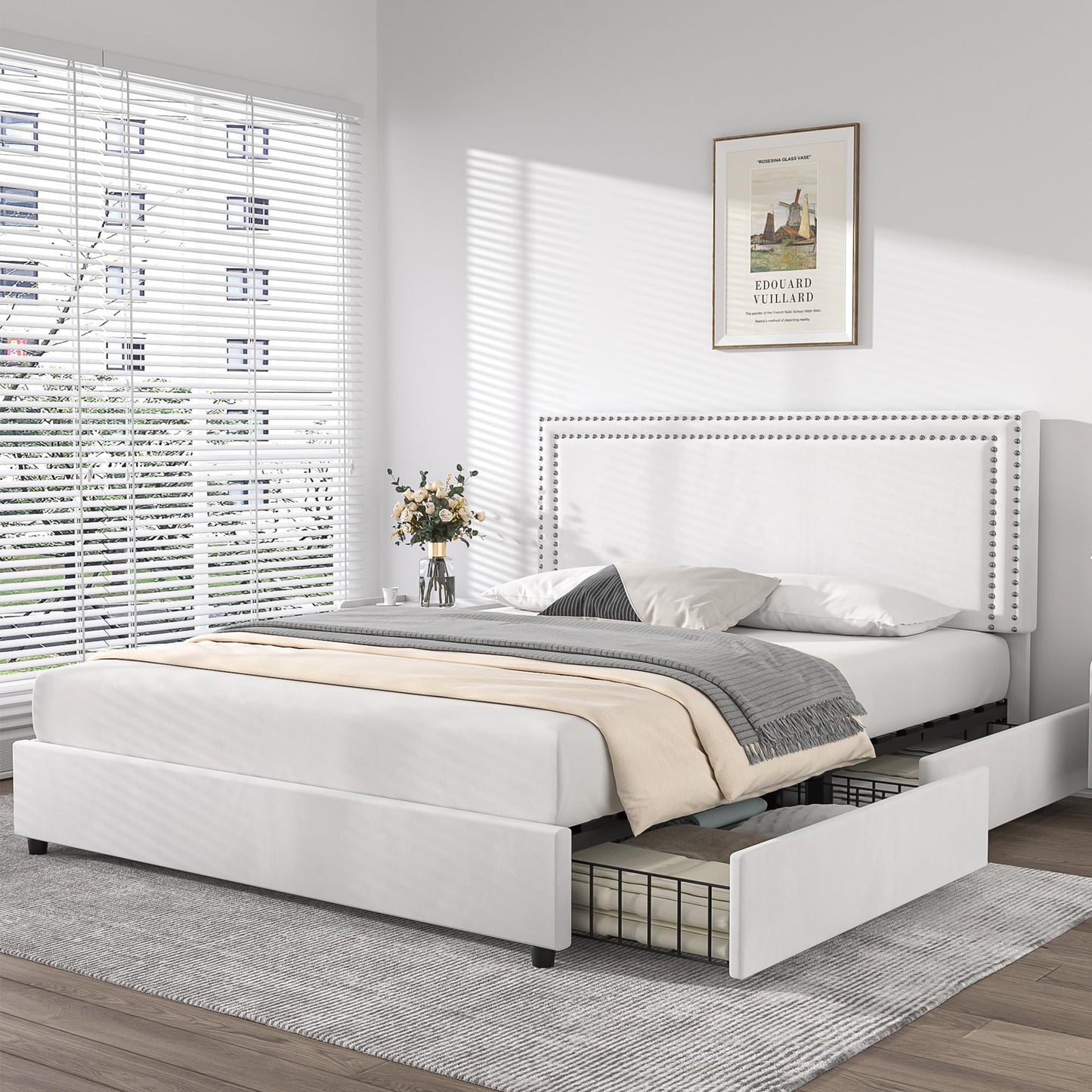 VECELO Full Size Upholstered Platform Bed Frame with 4 Storage Drawers, Adjustable Velvet Rivets Headboard, Wooden Slats Support, No Box Spring Needed, Easy Assembly