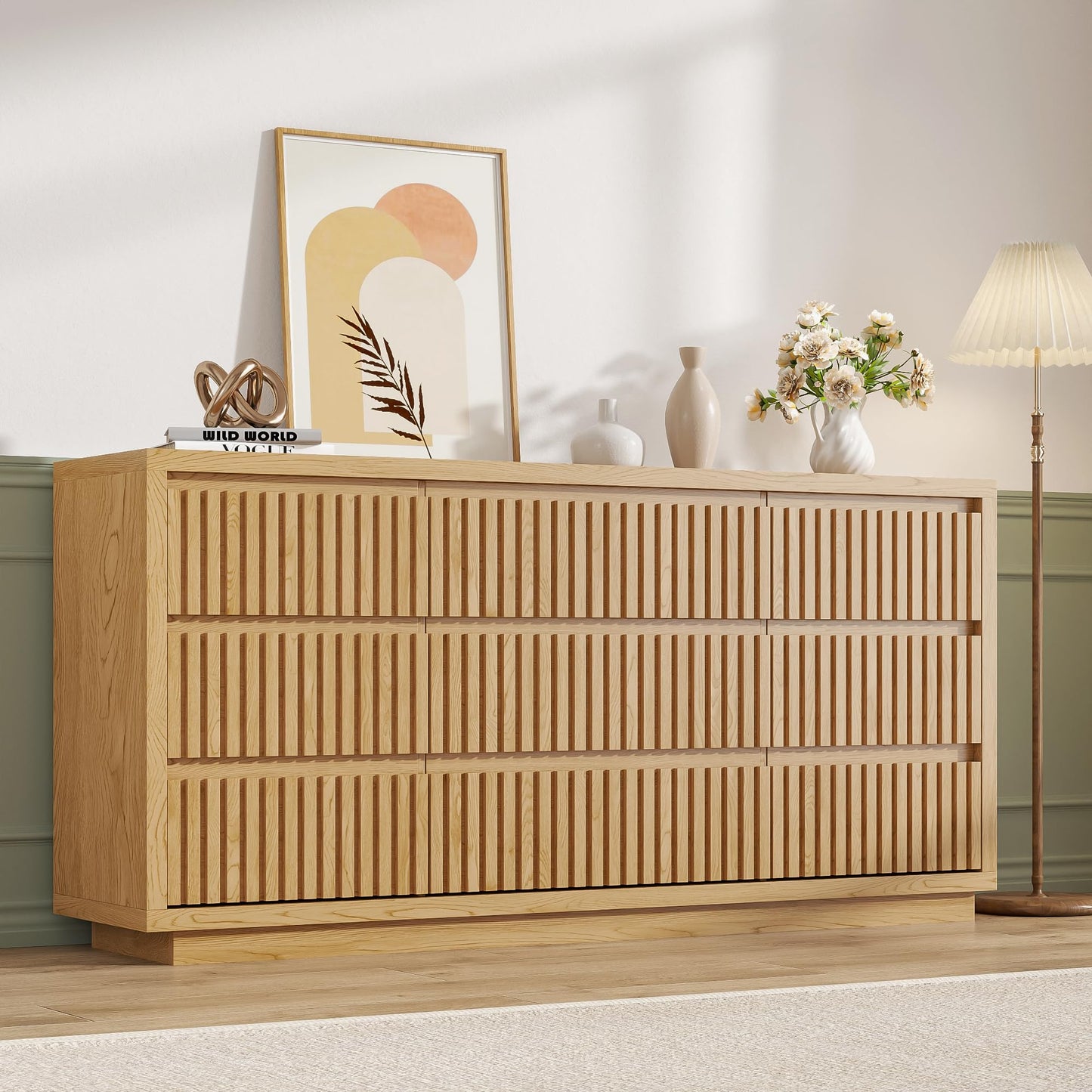 Jluomei Long Dresser for Bedroom with 9 Drawers, 58" Wide Modern Chest of Drawers, Large Wood Dresser TV Stand, Boho Fluted Closet Clothes Storage Organizer for Living Room, Natural Oak