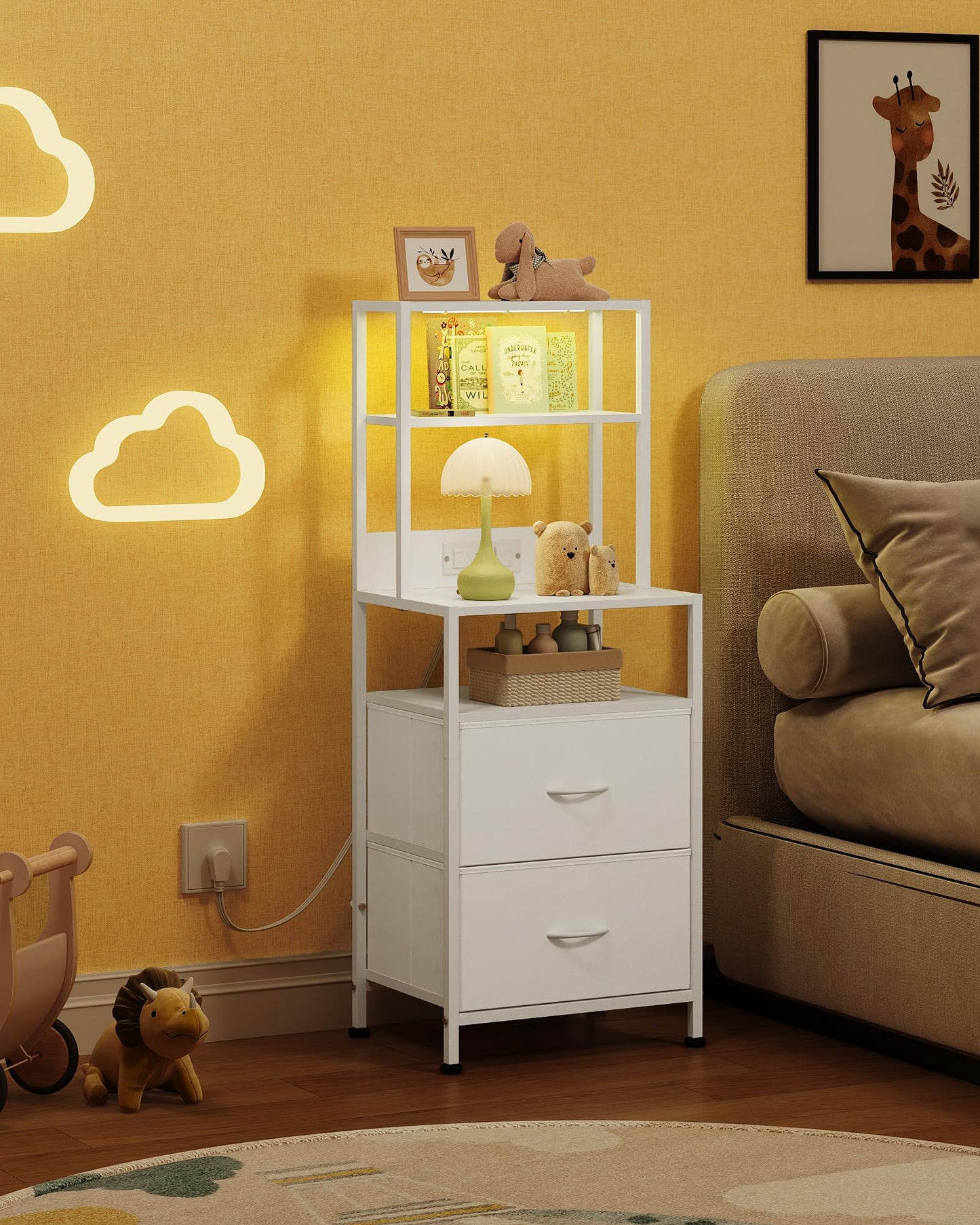 WLIVE Nightstand Set of 2 with Charging Station, LED Night Stands with 2 Fabric Drawers and 4 Storage Open Shelves, Bedside Table Sets for Bedroom, White