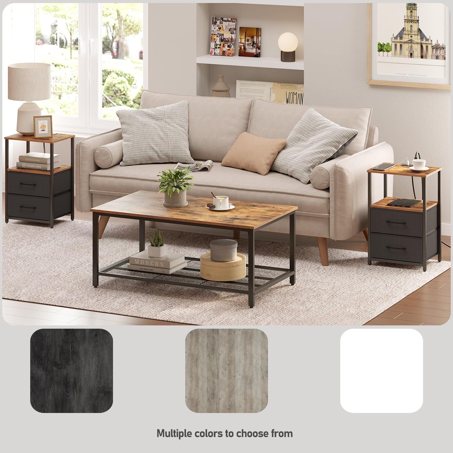 TUTOTAK End Table with Charging Station, Side Table with 2 USB Ports and Outlets, Nightstand with Cloth Drawer, Set of 2, Couch Table, Brown and Black TB01BB052K