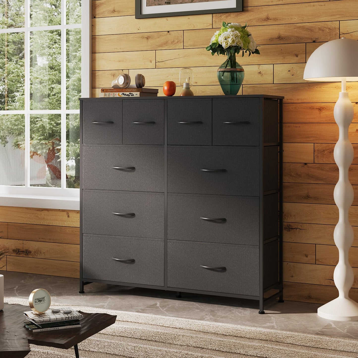 WLIVE Dresser for Bedroom with 10 Fabric Drawers, Tall Chest Organizer Units for Clothing, Closet, Storage Tower with Cabinet, Metal Frame, Wooden Top, Black Dresser for Living Room