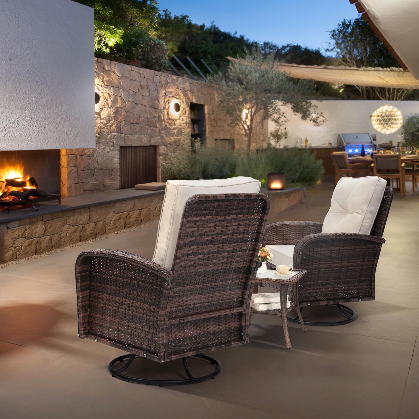 wildformers 2 Luxury Outdoor Swivel Wicker Glider Patio Chairs with Table Set, Overstuffed Washable Cushions, Ideal for Porch, Balcony, Deck, Brown Rattan and Beige Cushions