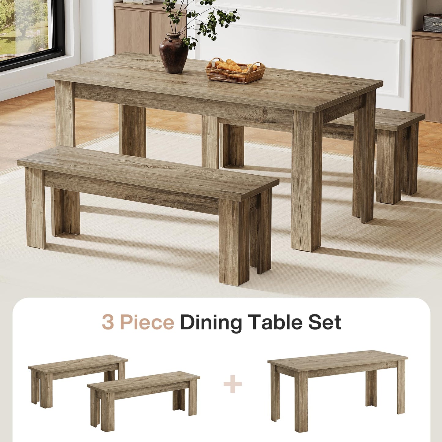 Tribesigns Dining Table Set for 6, 55.1-Inch Rectangle Kitchen Table with 2 Benches, 3-Piece Wooden Dining Room Table Set for Kitchen