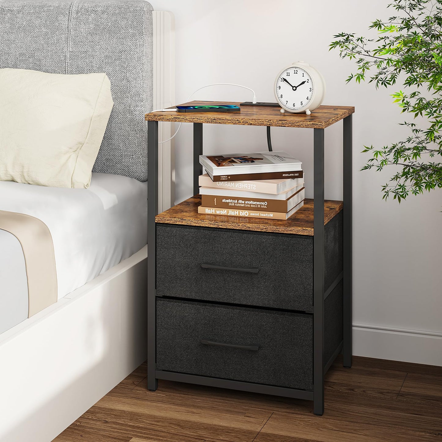 TUTOTAK End Table with Charging Station, Side Table with 2 USB Ports and Outlets, Nightstand with Cloth Drawer, Set of 2, Couch Table, Brown and Black TB01BB052K