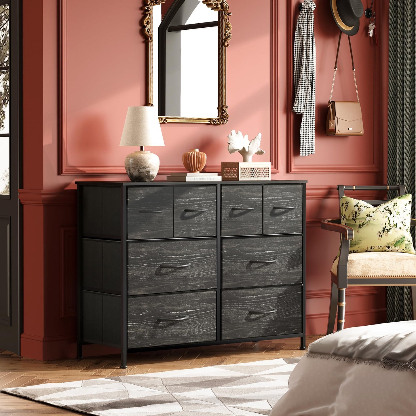 WLIVE Dresser for Bedroom with 8 Drawers, Wide Fabric Dresser for Storage and Organization, Bedroom Dressers, Chest of Drawers for Living Room, Closet, Hallway, Charcoal Black Wood Grain Print