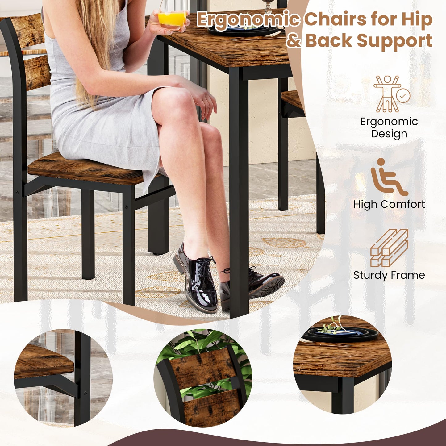 DKLGG Dining Room Table Set for 4 Farmhouse 5 Piece Dining Table Set, Small Kitchen Table Set for 4 for Kitchen and Dining, Apartment (Rustic Brown)