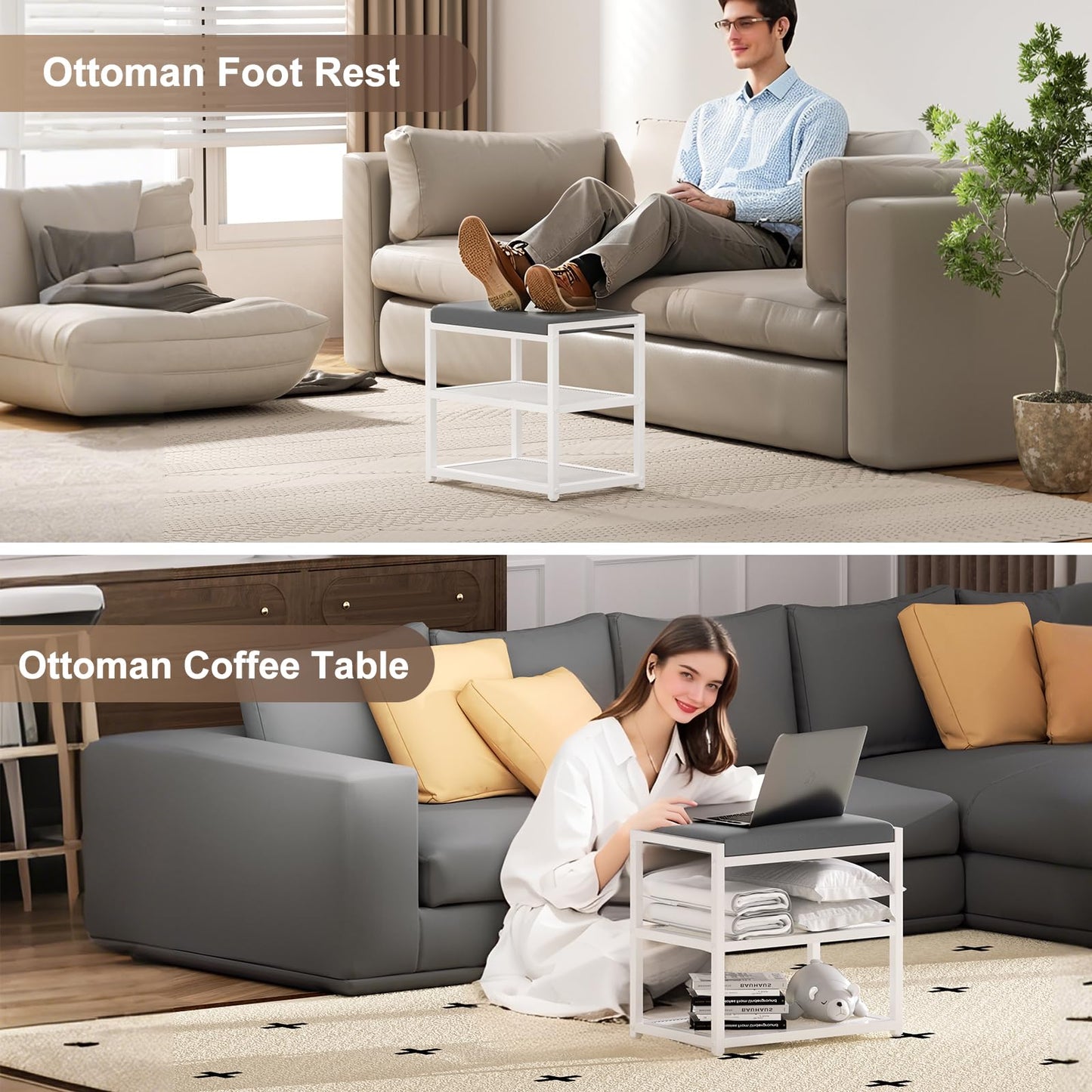 ZHOOGE Small Ottoman with Storage, Vanity Stool Chair Faux Fur, Foot Ottoman, Square Makeup Stool for Small Spaces, Living Room, Bedroom, Bathroom, Entryway, White