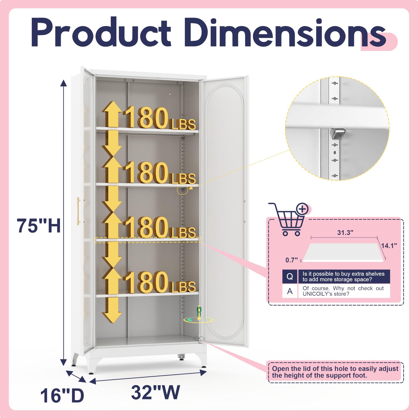 UNICOLY 75" Metal Pantry Cabinet, Storage Cabinet with Doors and Shelves, Cupboard with Adjustable Leveling Foot, for Laundry, Living Room, Dinning Room, Assembly Required, White