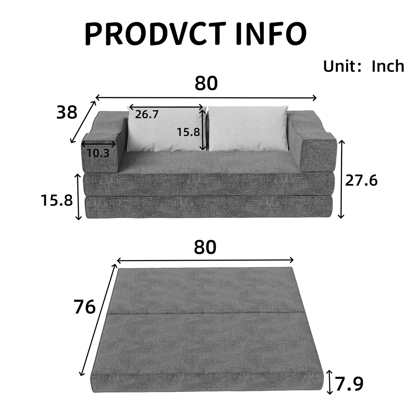 80" King Size Convertible Sofa Bed Sleeper, Foldable Futon Couch with Memory Foam & 2 Pillows, Chenille Fabric Modular Loveseat for Small Spaces, Apartment, Living Room, Studio (Gray, 80in)