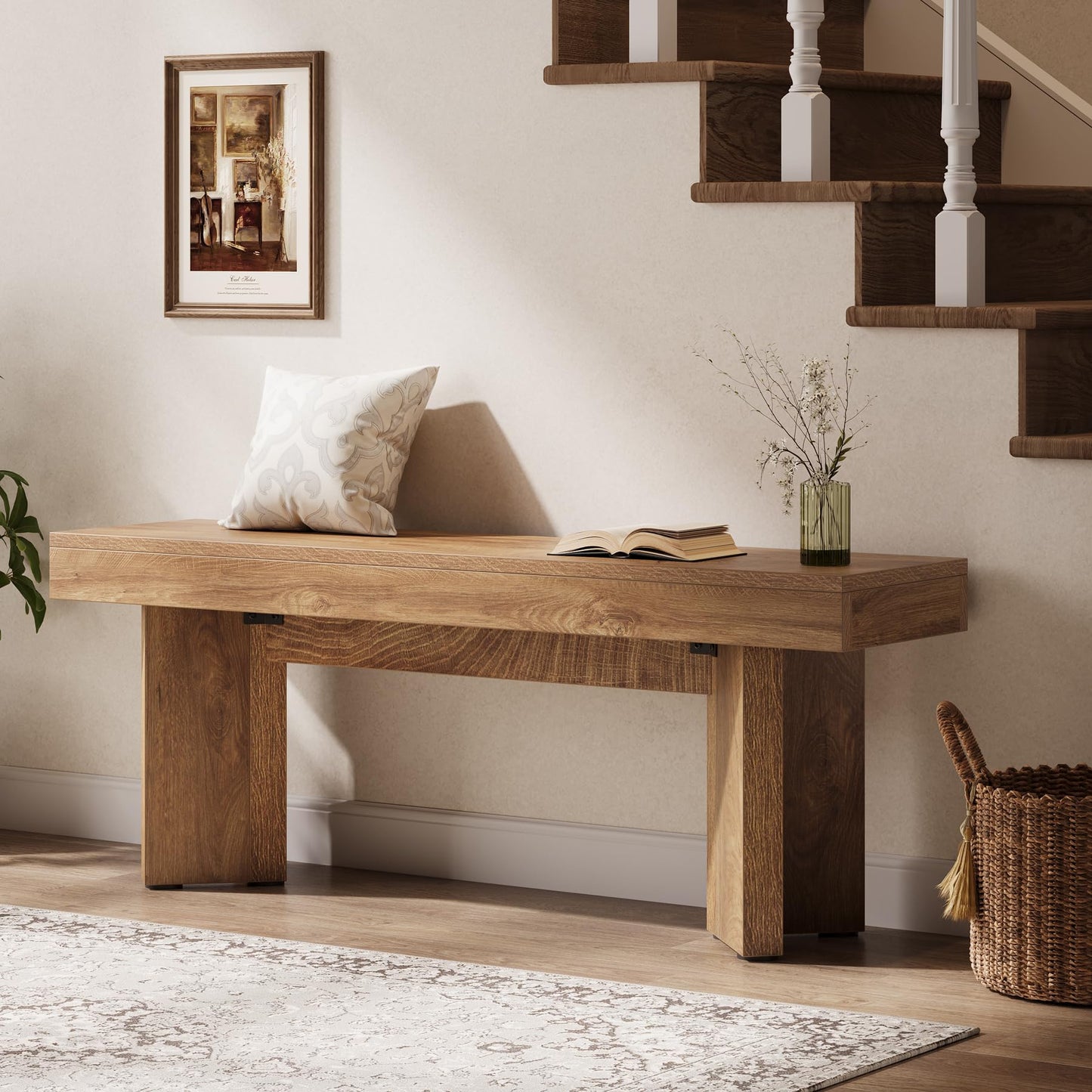 Tribesigns 47" Wooden Entryway Bench, Farmhouse Indoor End of Bed Bench, Long Table Benches Seat for Bedroom, Hallway, Foyer, End of Bed (Rustic Brown)