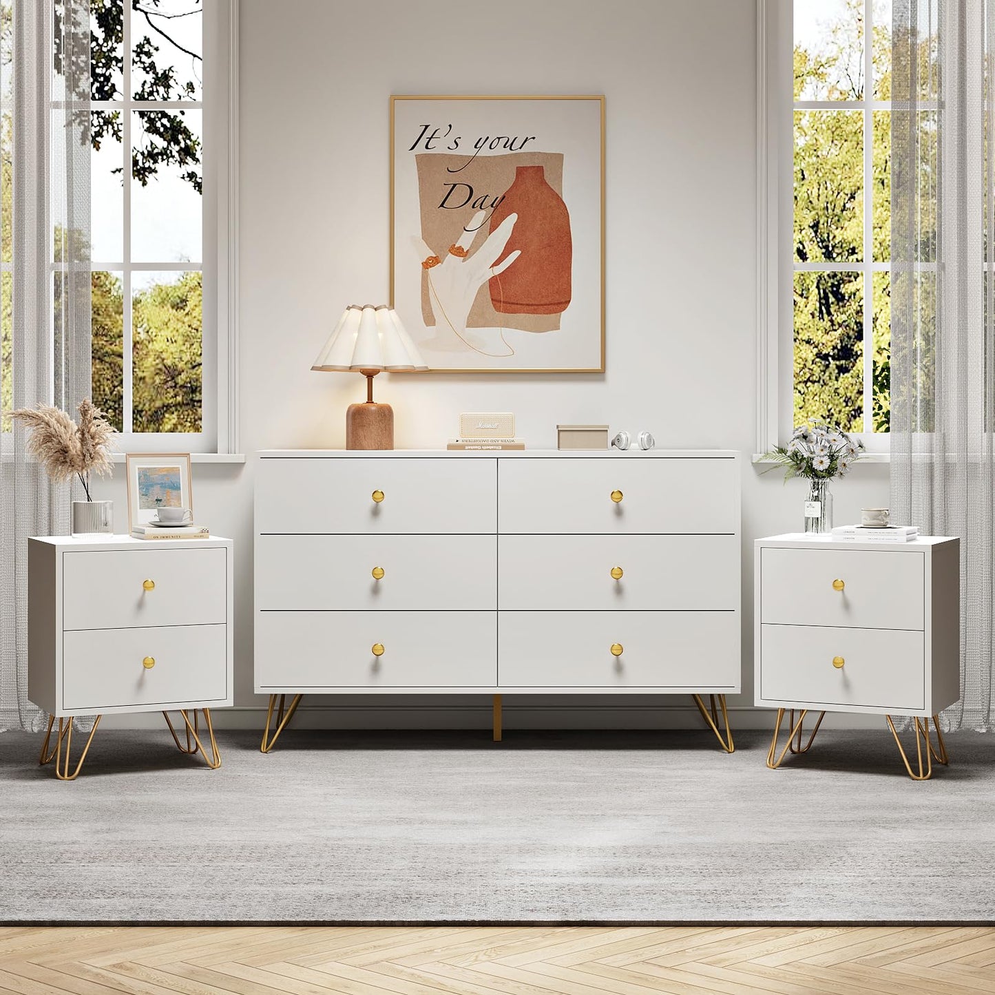 Tradare White Dresser for Bedroom, 6 Drawer Dresser with Golden Handles, Large Storage Cabinet, Modern Chest of Drawers Organizer Storage for Hallyway, Entryway