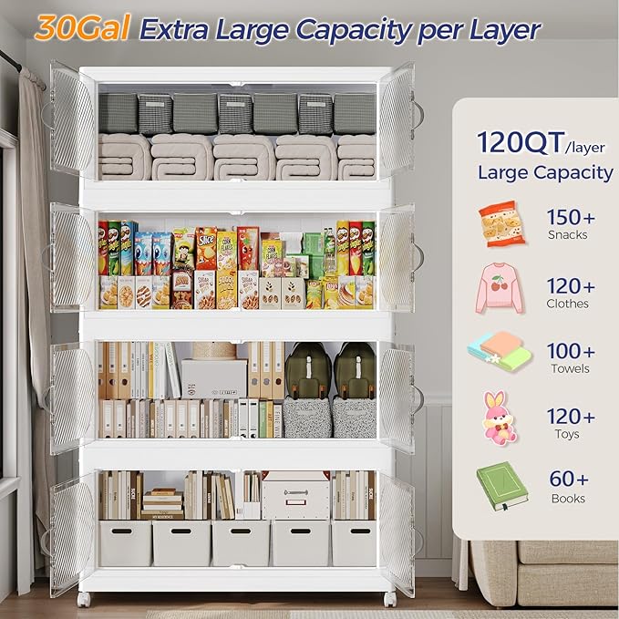 90GAL Plastic Storage Bins with Lid, 360QT Extra Large Stackable Closet Organizers and Storage, Collapsible Storage Boxes with Wheels, Folding Cabinet for Home Kitchen Office, 3Pack White