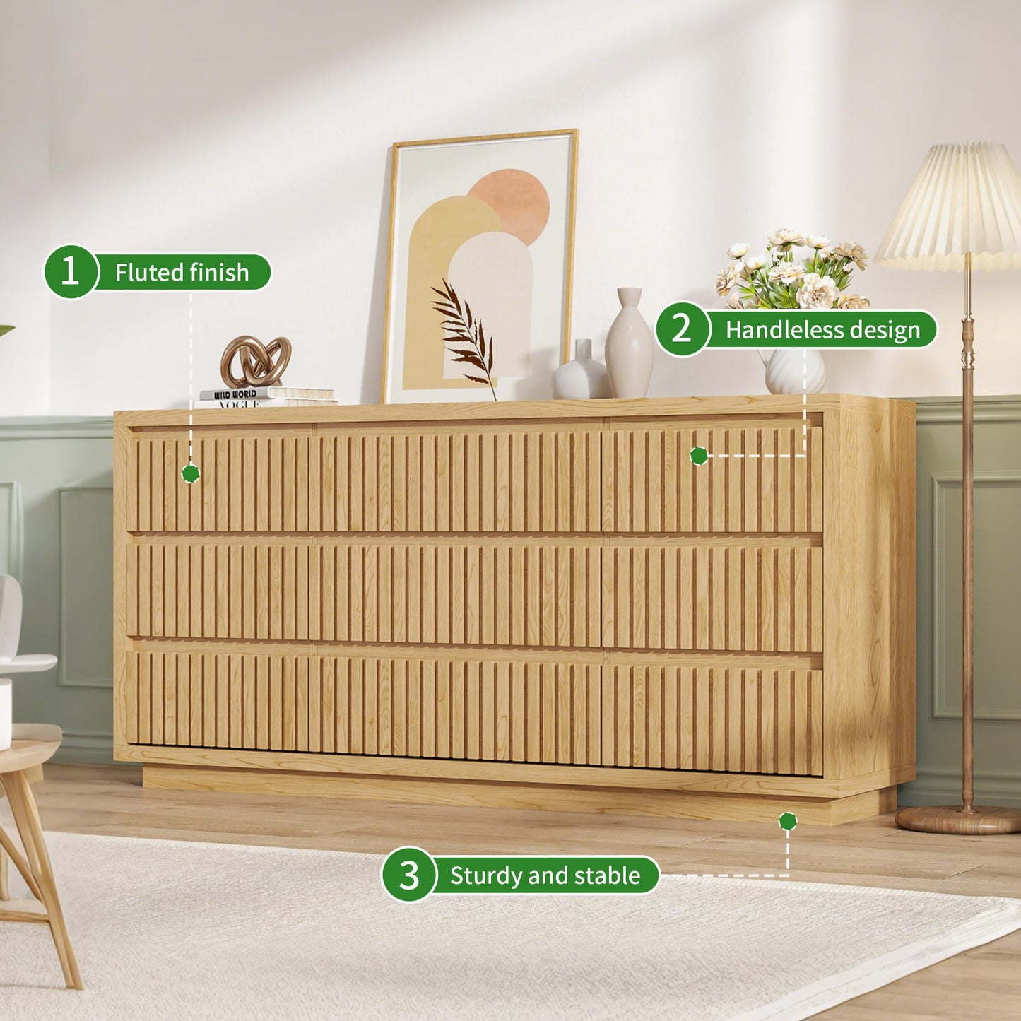 Jluomei Long Dresser for Bedroom with 9 Drawers, 58" Wide Modern Chest of Drawers, Large Wood Dresser TV Stand, Boho Fluted Closet Clothes Storage Organizer for Living Room, Natural Oak