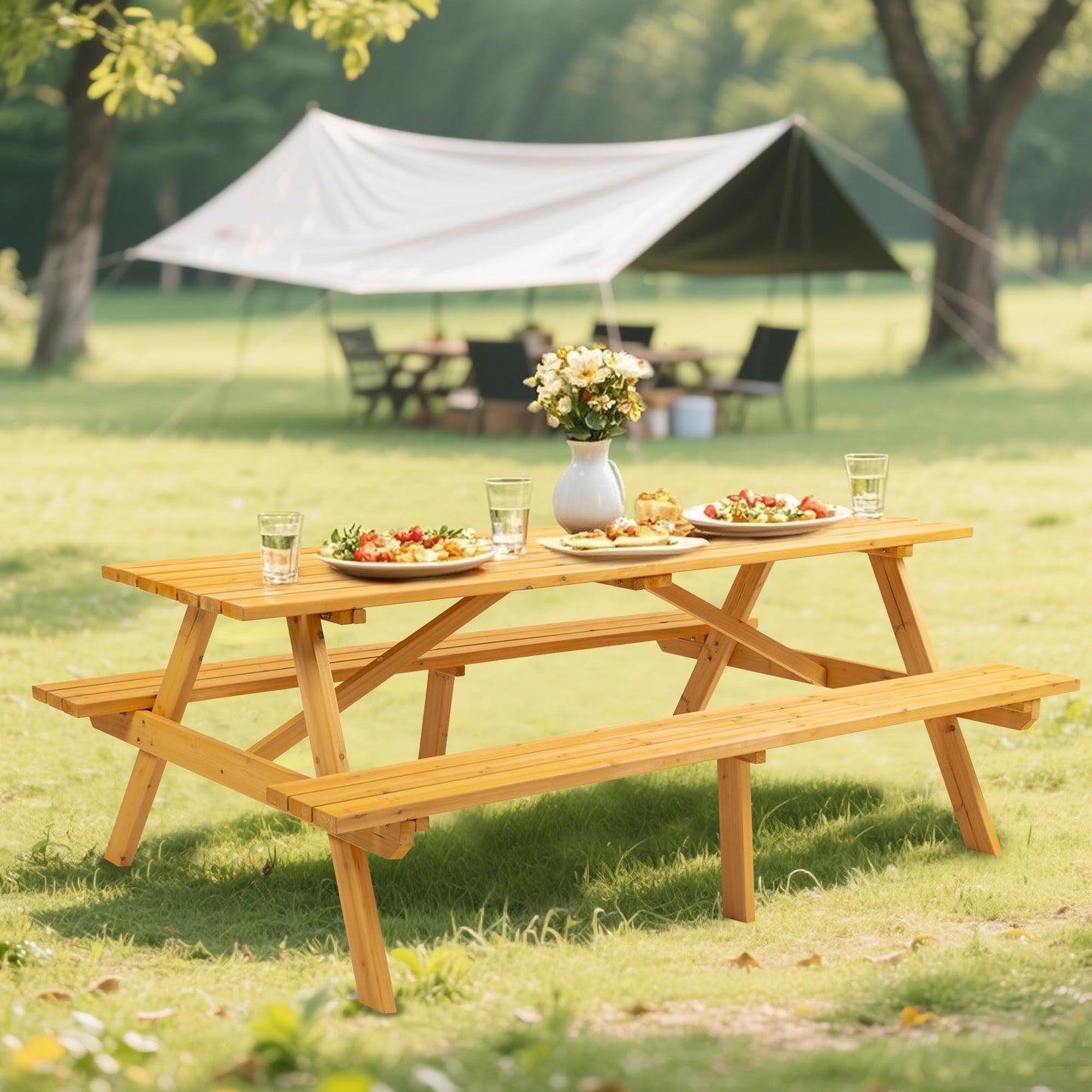 Premium Picnic Tables Outdoor Wooden Picnic Table Set with Benches & Umbrella Hole - Stylish and Spacious Seating for 6-8 People - Perfect for Backyard, Porch, and Garden Gatherings