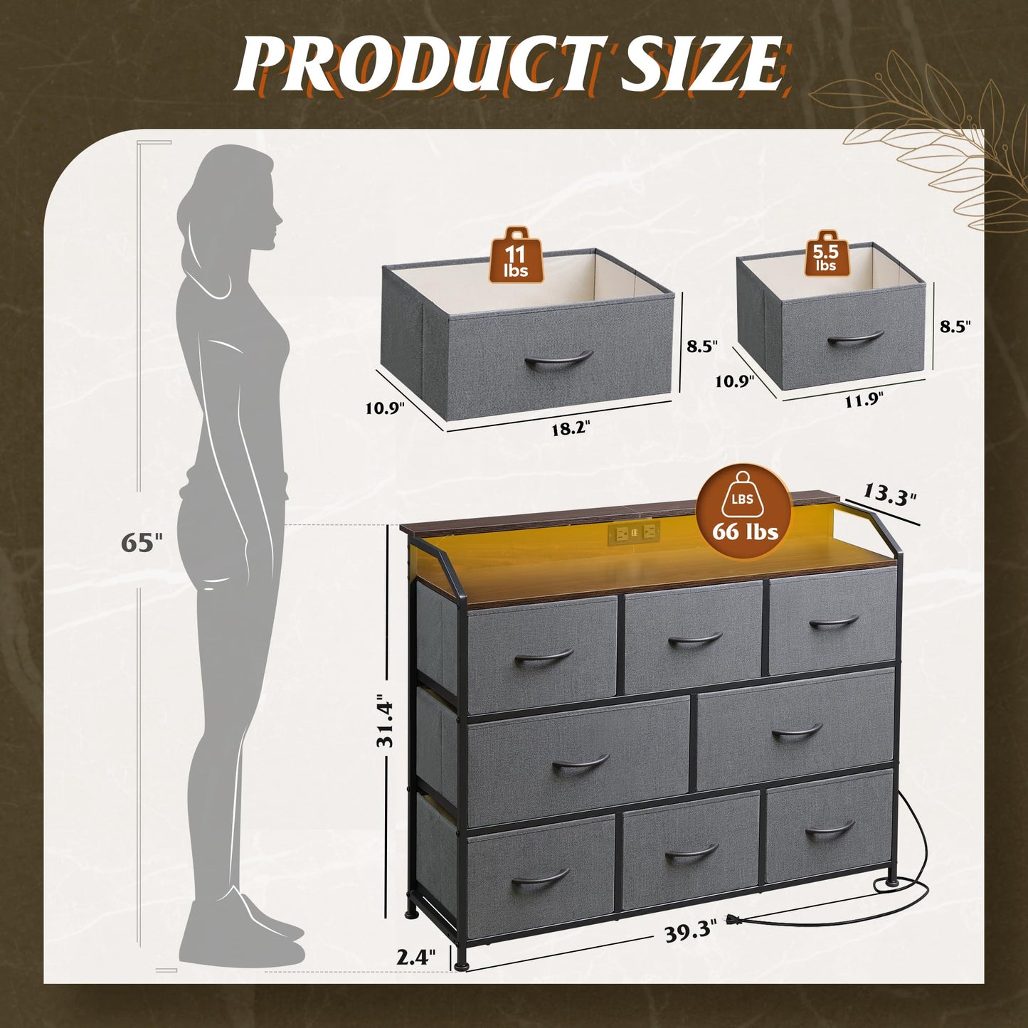 WLIVE Dresser TV Stand with Power Outlets, Led Dresser for Bedroom, Fabric Chest of Drawers with Double Open Shelves, Wood Top, Steel Frame, 6 Drawer Dressers for Closet, Living Room, Dark Grey