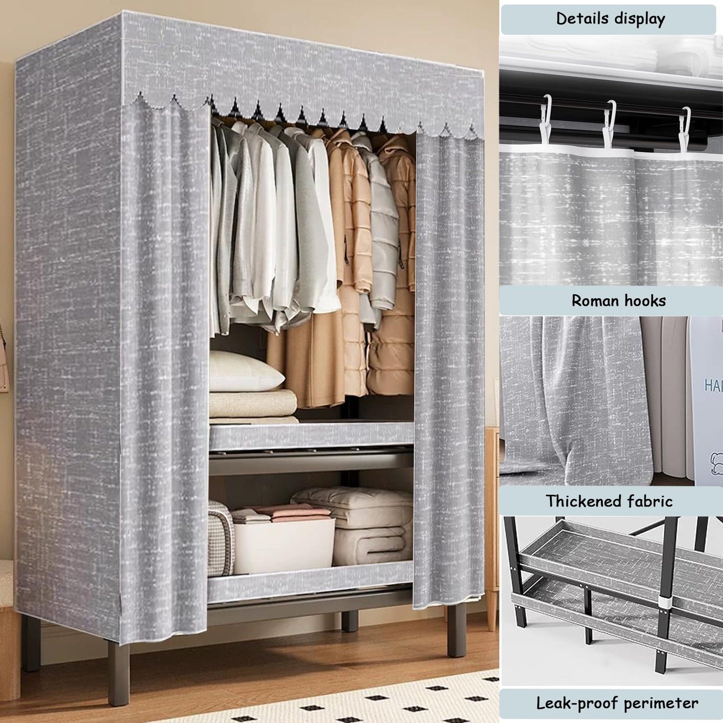 71in Foldable Portable Wardrobe Closet with Magnetic Door 2000lbs Heavy-duty Clothe Rack with Wheels and Cover Large Covered Clothing Coat Storage Organizer System (Grey zipper, 70.86in/5.9ft)