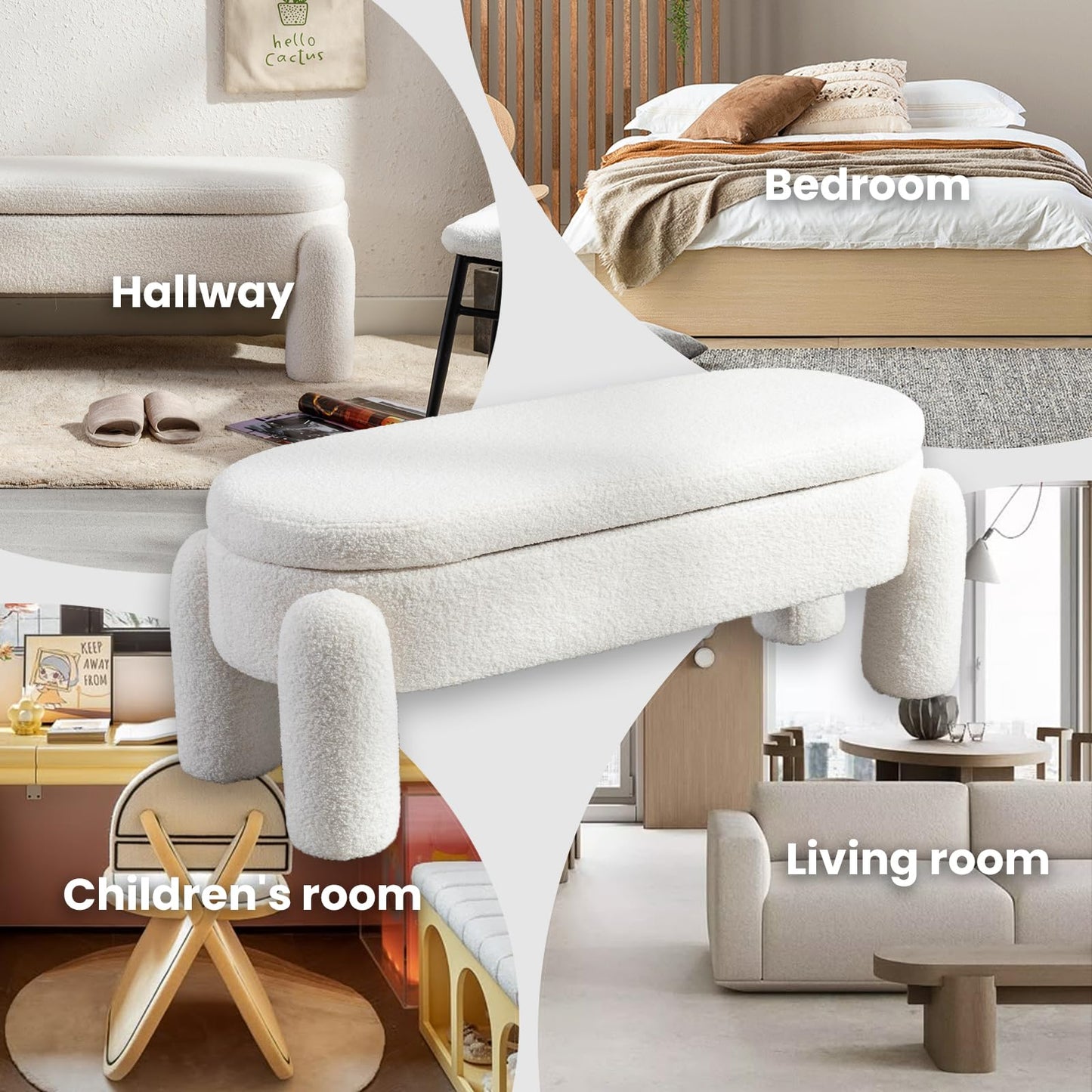 Ya-Home Modern Storage Bench, 44.7 Inch Upholstered Ottoman Bench Sherpa Fabric End of Bed Stool, Cute Entryway Bench for Bedroom Living Room Entryway, White