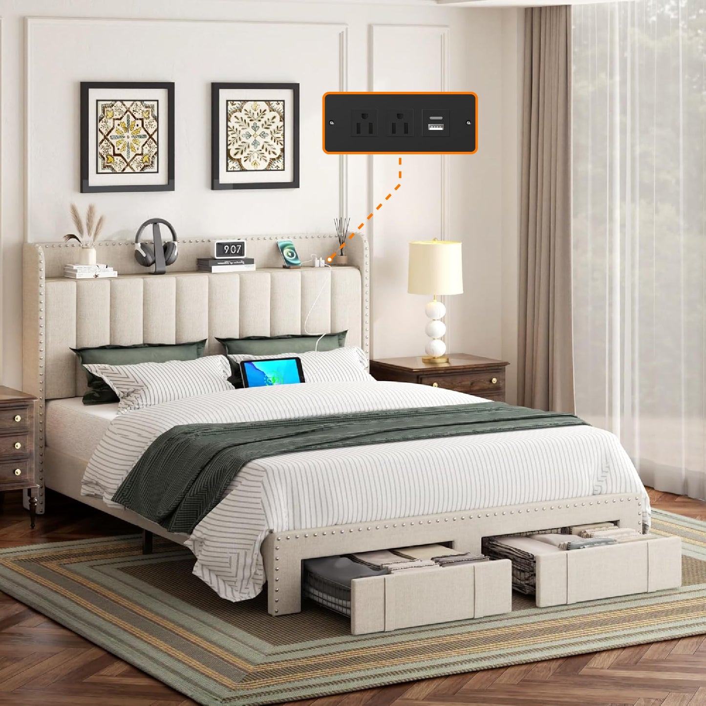viplov Queen Bed Frame with Headboard and Storage, Platform Bed Frame with 2 Drawers, Upholstered Bed Frame with Storage, Built-in Charging Station, No Box Spring Needed, No-Noise, Beige