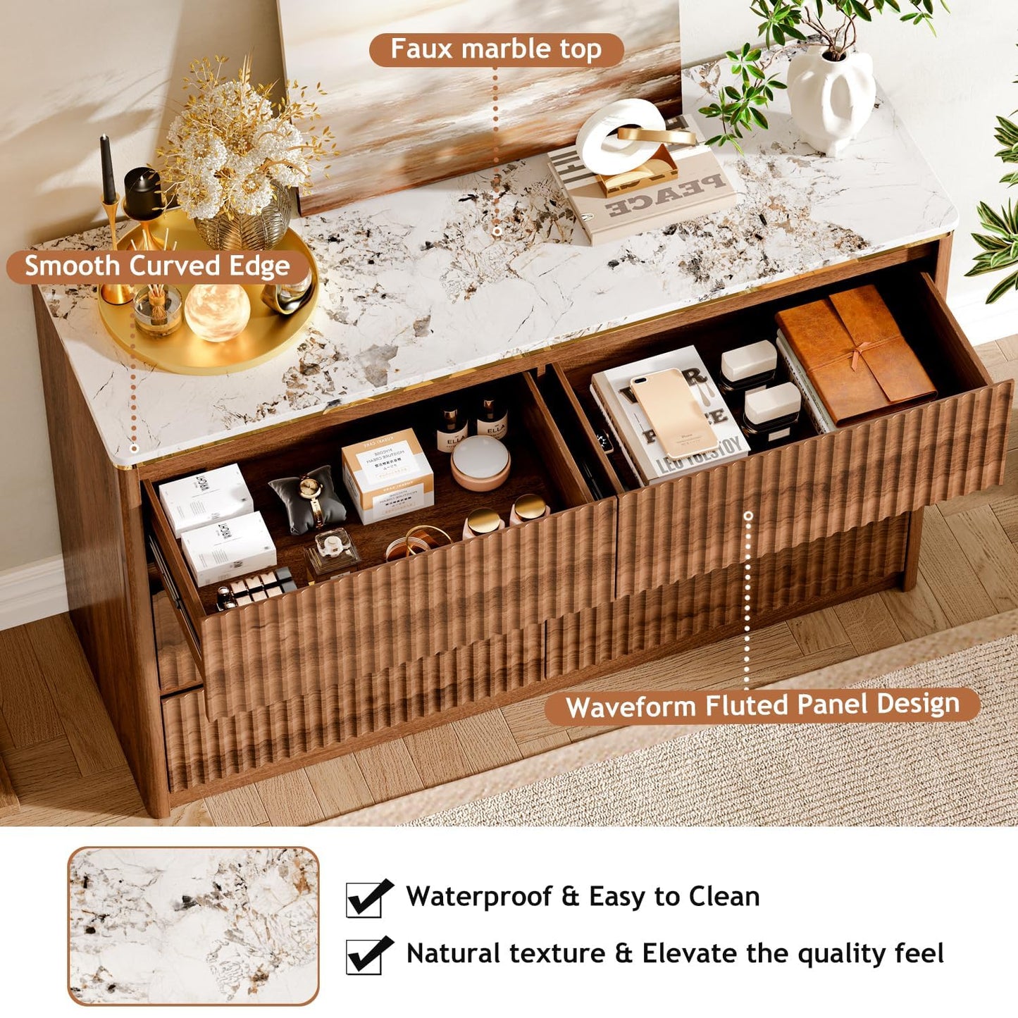 Ieejdn Fluted Dresser for Bedroom with 6 Drawers, 47.2" Modern Chest of Drawers with Faux Marble Top, Curved Profile Design,Dresser TV Stand, Wood Drawer Organizer for Living Room, Hallway, Walnut