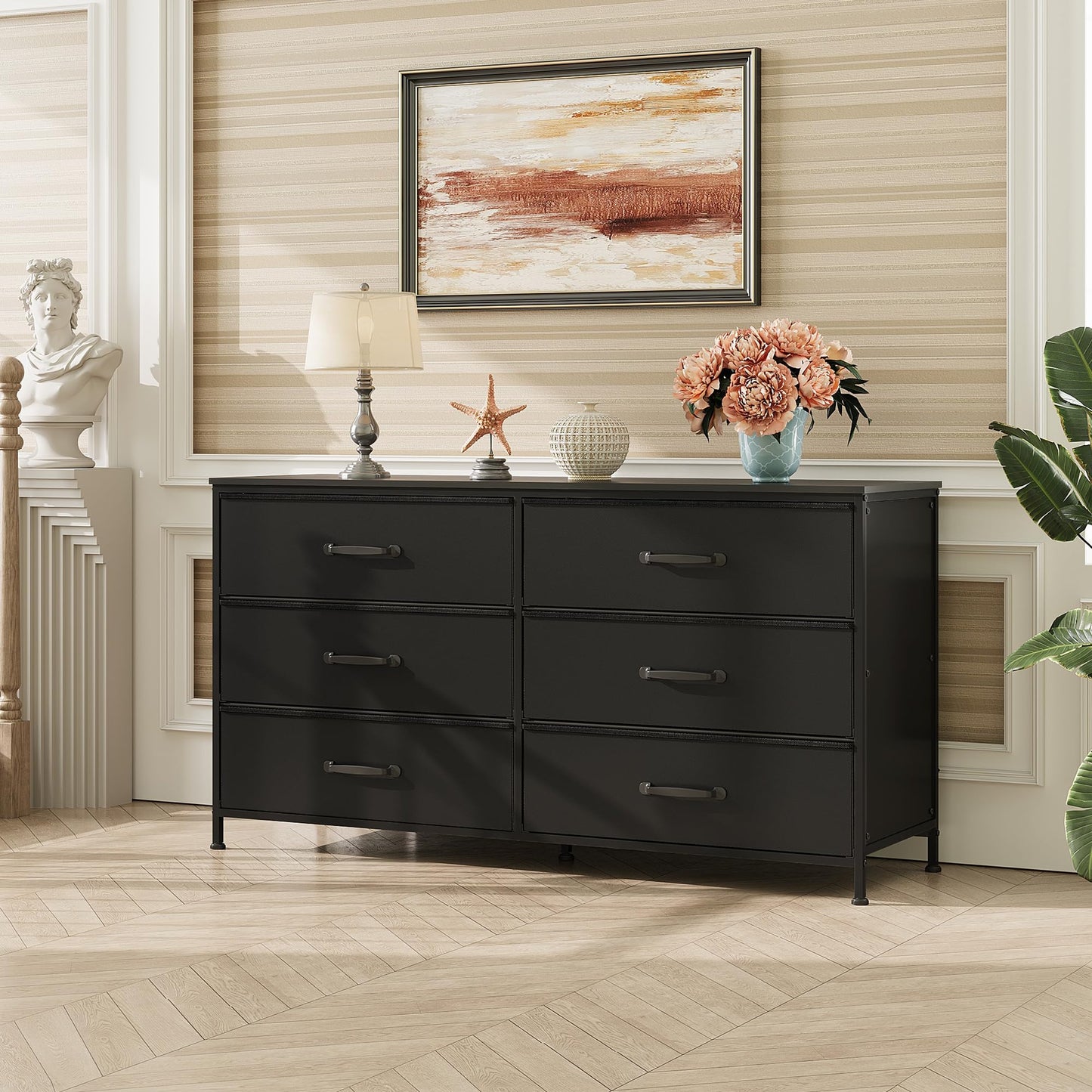 WLIVE 6 Drawer Dresser for Bedroom Large, Fabric Black Dresser TV Stand for 50, 55, 60 inch TV, Wide Long Chest of Drawers with Deep Drawer for Closet, Bedroom, Living Room, Hallway