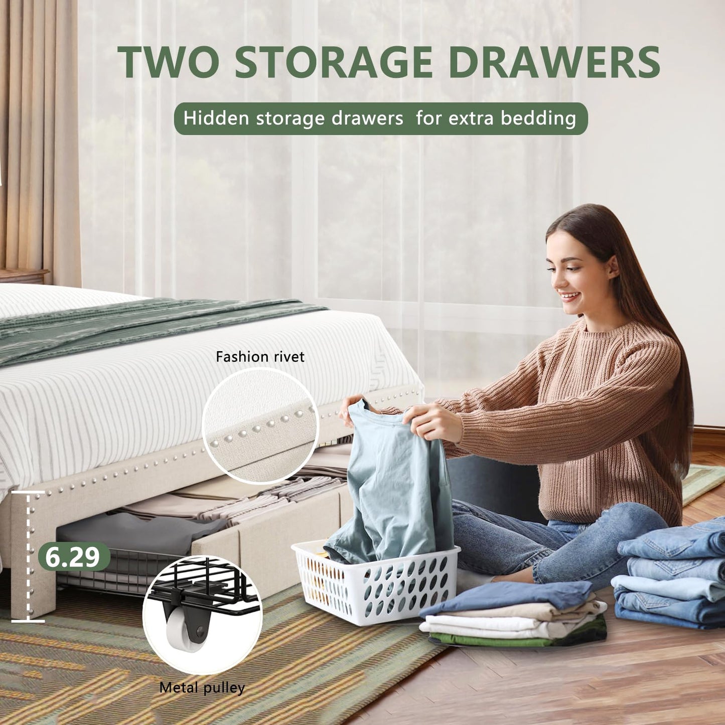 viplov Queen Bed Frame with Headboard and Storage, Platform Bed Frame with 2 Drawers, Upholstered Bed Frame with Storage, Built-in Charging Station, No Box Spring Needed, No-Noise, Beige