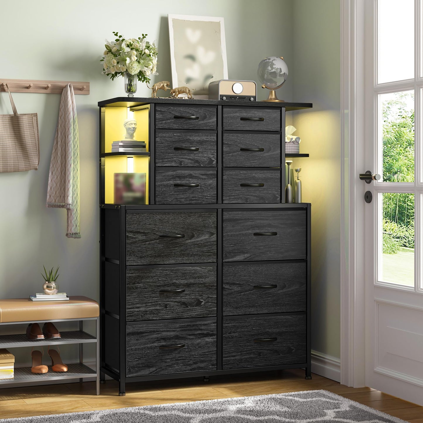 EnHomee Tall Dressers for Bedroom with LED Lights and 12 Drawers Dresser for Bedroom with Open Shelves, Fabric Dressers & Chests of Drawers, Metal Frame, Black, 45.2" H x 35.4" W x 11.8" D
