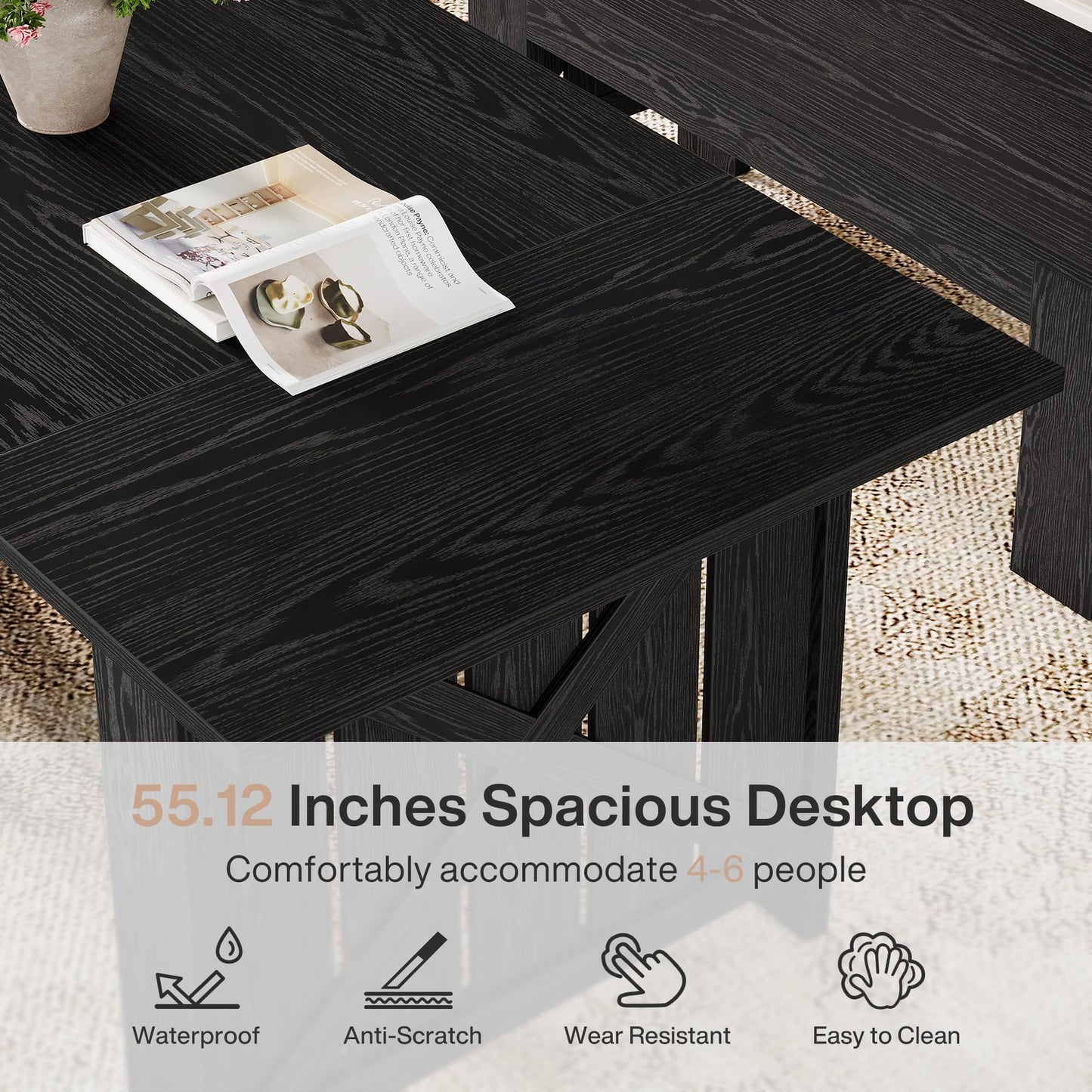 Tribesigns Farmhouse Dining Table Set for 4-6, 55-Inch Rectangle Kitchen Table with 2 Benches, 3-Piece Wooden Dinner Table for Dining Room, Kitchen, Small Space, Black