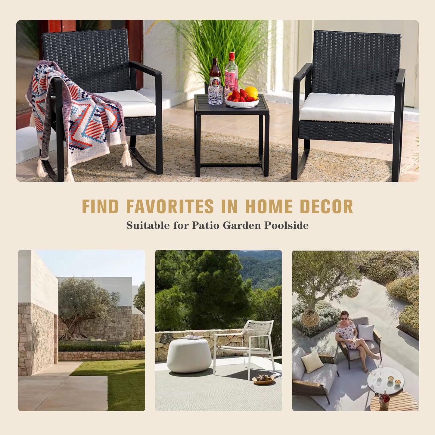 WWR 3 Pieces Outdoor Patio Furniture Set Rocking Wicker Rattan Chair Set Patio Bistro Conversation Set 3 Pcs with Coffee Table for Yard & Bistro (Sand)