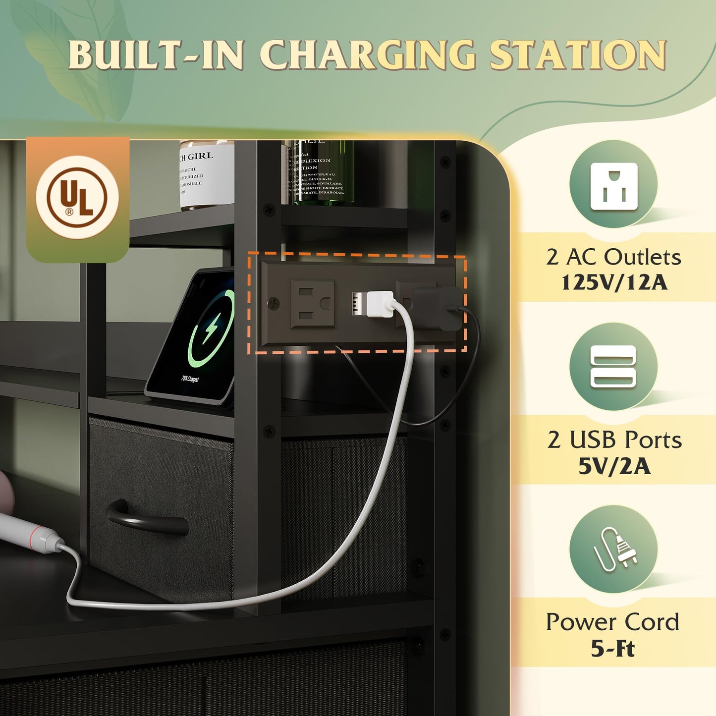 WLIVE 55" W Dresser for Bedroom with 15 Fabric Drawers & 5 Storage Shelves, Tall Black Dresser with Charging Station, Makeup Vanity Desk, Dressing Table, Chest of Drawers for Closet, Living Room