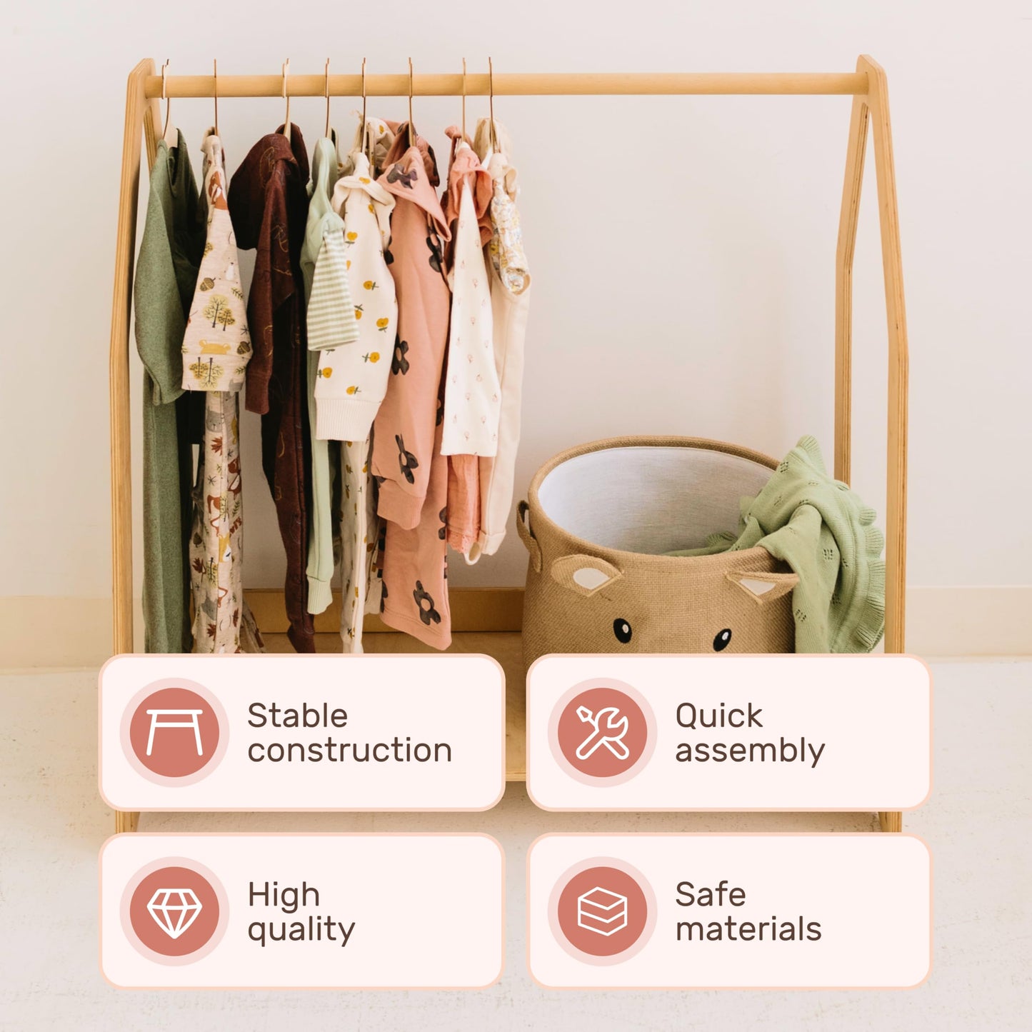 WOOD&ROOM Montessori Kids Clothing Rack with Shelf - Wooden Toddler Dress Up Clothes Rack - Kids Clothing Storage, Childrens Wardrobe Closet, Dressup Storage Organizer, Mini Closet For Kids Room