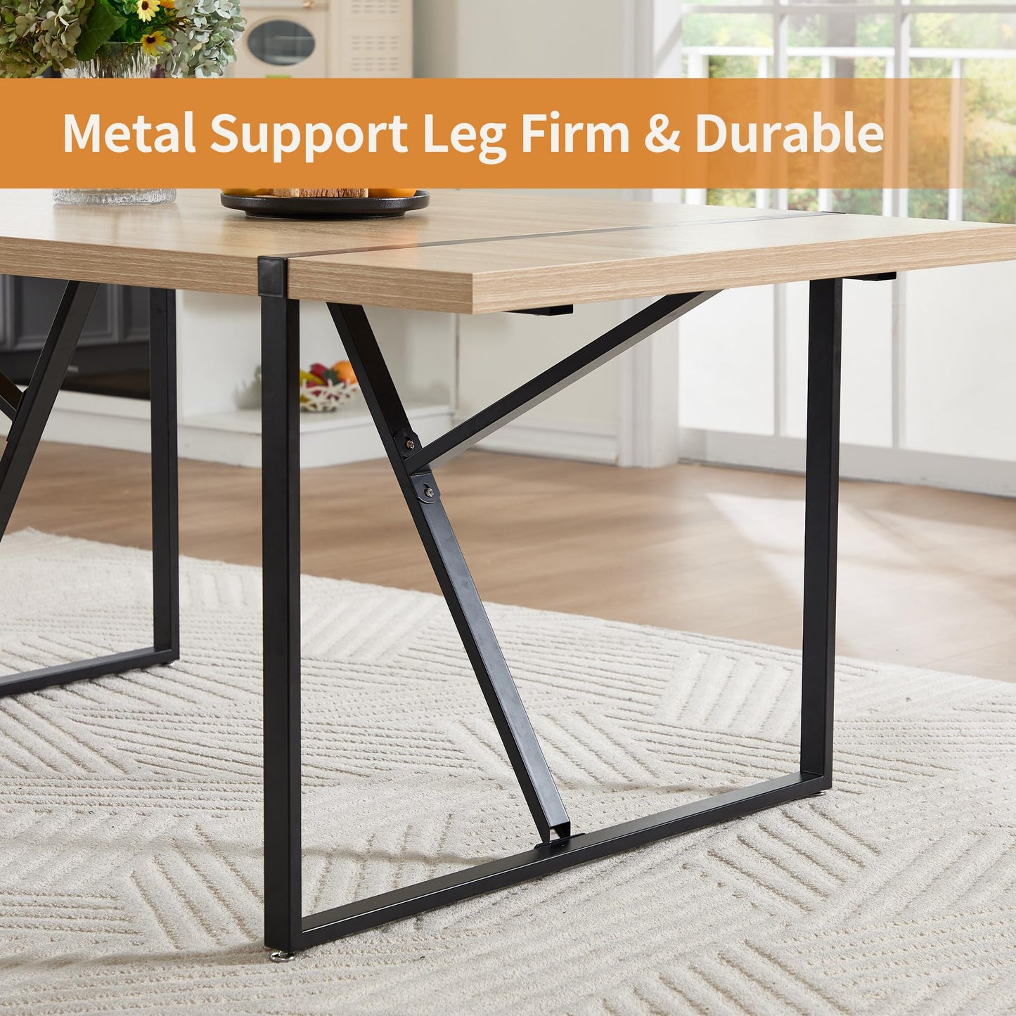 VipDesk 70.8" × 39.4" Farmhouse Dining Table for 6 to 8, Rectangular Dinner Table with Sturdy Metal Frame for Kitchen Dining Room Living Room - Natural Wood