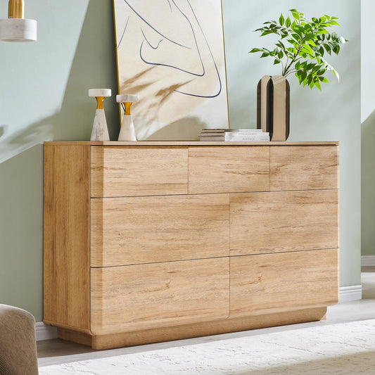 ACCOHOHO Modern 7 Drawer Dresser for Bedroom, 52" Wide Handleless Chest of Drawers, Push-to-Open Large Wood Storage, Dresser TV Stand for Bedroom, Living Room, Hallway, Curved Profile, Natural Oak