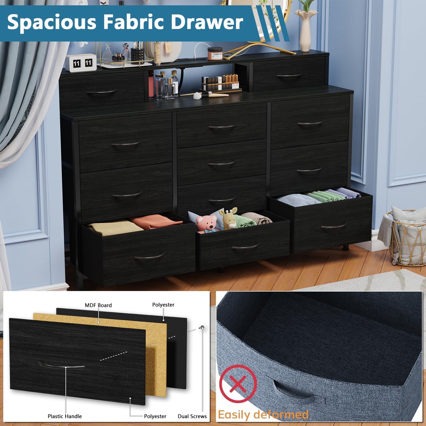 Furnulem 55" W Dresser for Bedroom with LED Lights and Power Outlets,Black Large 12 Storage Drawers Long Fabric Chests Dressers with 2 Shelves for Closet,Living Room,Entryway,Wooden Top,Metal Frame