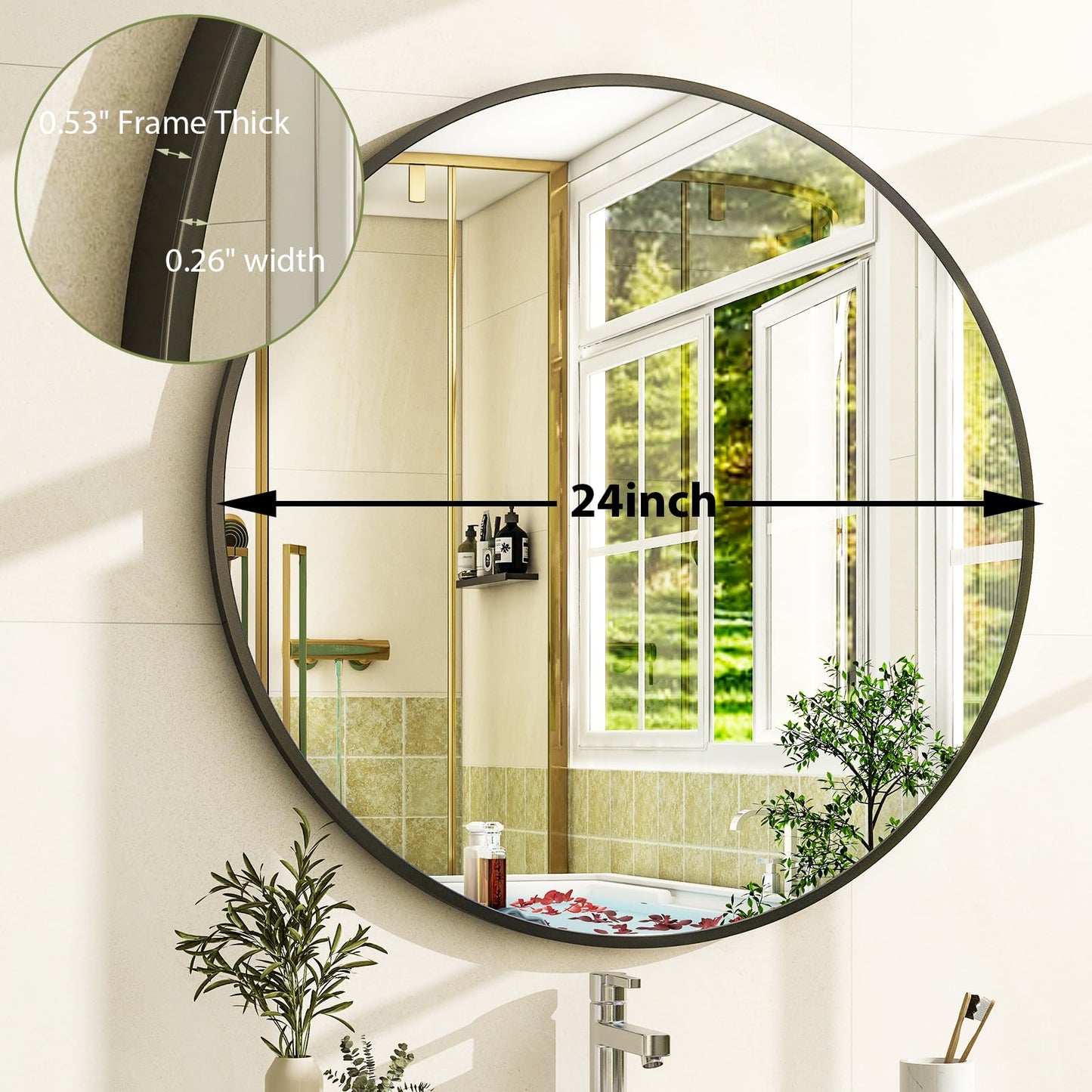 24 Inch Round Bathroom Mirror - Black Wall Mounted Circle Mirror with Metal Frame, Modern Round Hanging Mirror Suitable for Bathroom, Vanity, Entryway, Living Room