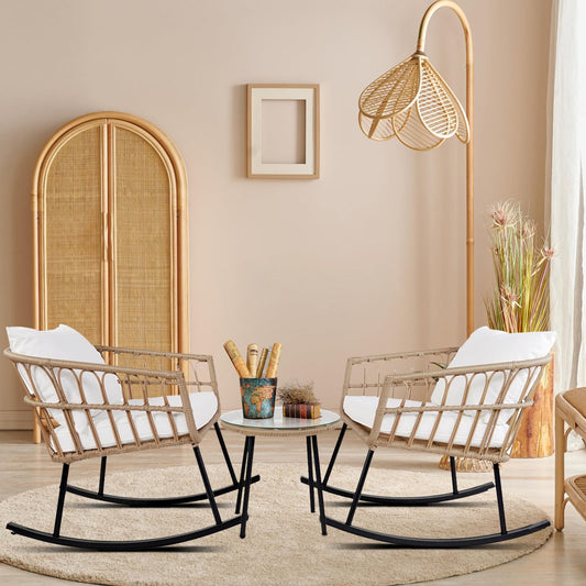 3 Pieces Rocking Chairs Set, Boho Indoor Outdoor All Weather Woven Rope Table Set, Tan Wicker Chat Set with White Cushions, Rattan Sets for Balcony, Garden, Front Porch,Indoor,Living Rooms