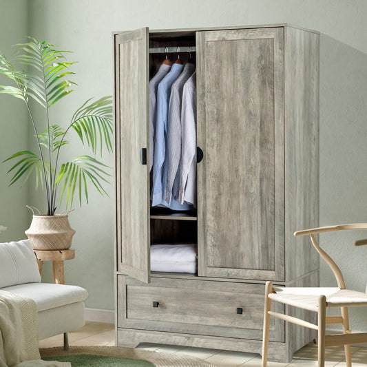 VINGLI Wide Armoire Wardrobe Closet with Hanging Rod, Adjustable Shelves and Drawer, Freestanding Wardrobe Closet with Doors, Bedroom Armoires and Wardrobes, Rustic Grey