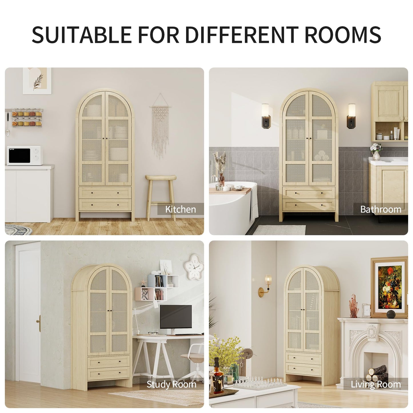 Woenei Arched Kitchen Pantry Cabinet, 71" Tall Arched Bookcase Rattan Storage Cabinet with Doors and Drawers Adjustable Shelves,Farmhouse Freestanding Cupboard for Bathroom,Living Room,Dining Room