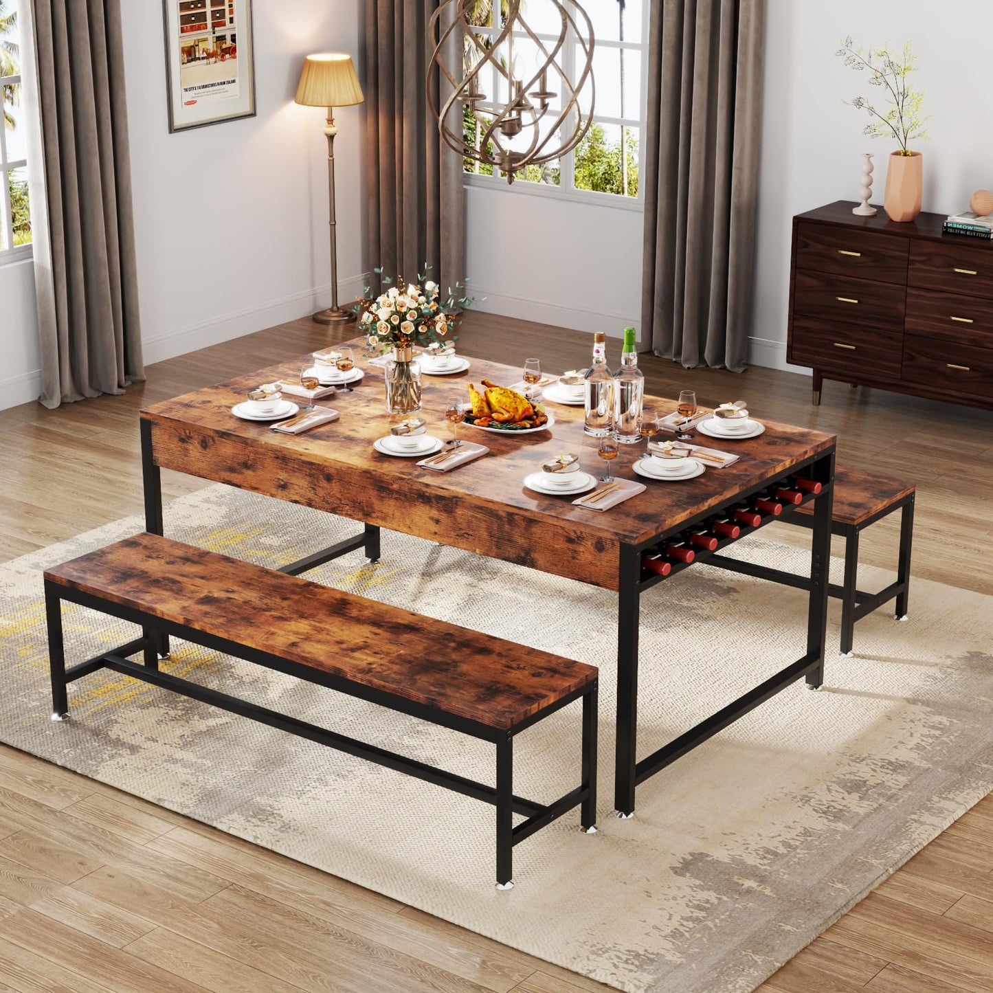63" Kitchen and Dining Table Set for 6, 3-Piece Dining Room Table with 2 Long Benches, Kitchen Dinner Tables Set with Storage Drawer, Breakfast Nook Tables with Wine Rack, Space Saving Design (Rustic)