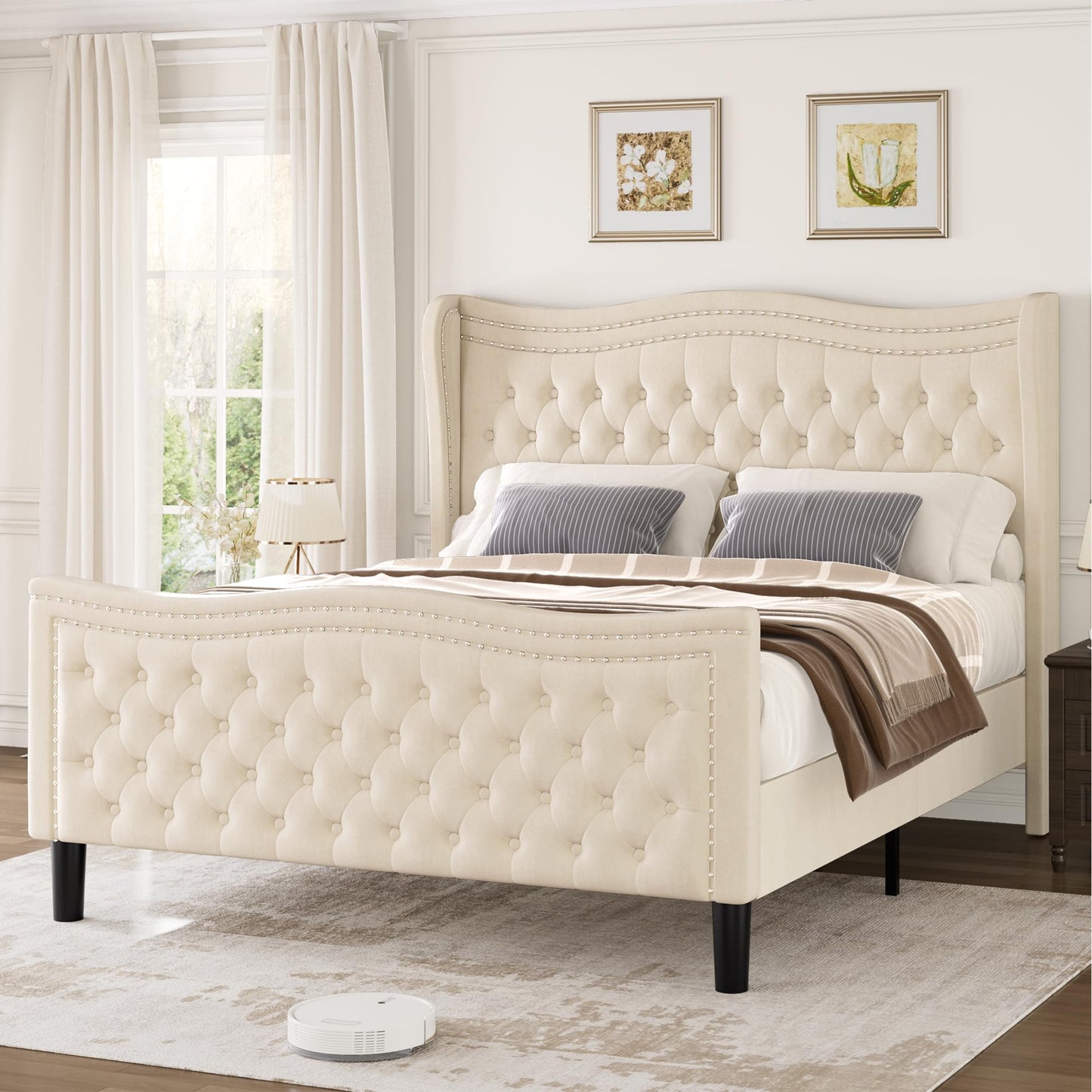VINTLJUS Queen Bed Frame with Tall Headboard & Footboard, Velvet Upholstered Platform Bed Frame with Deep Button Tufted Wingback, No Box Spring Needed, Noise Free, Beige