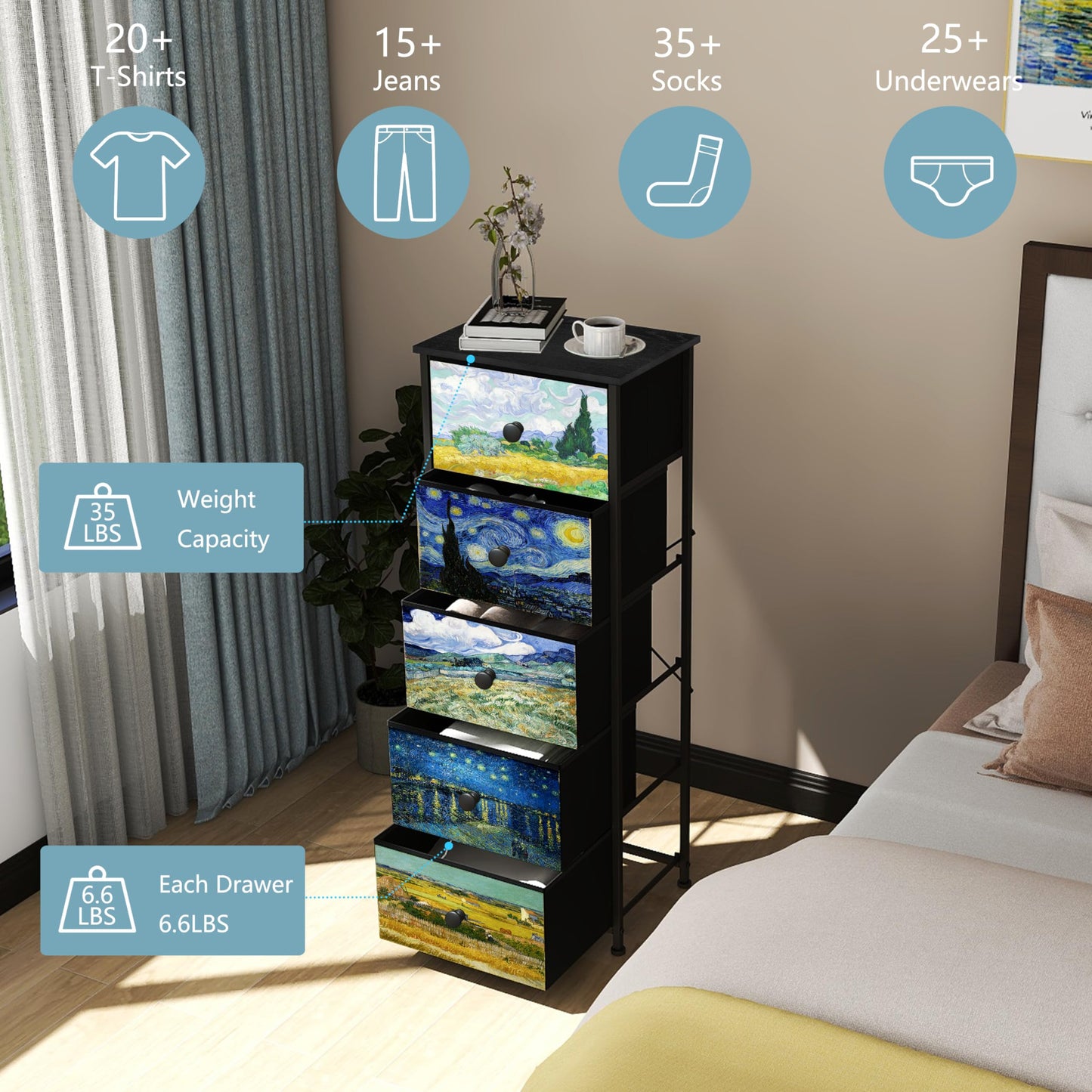 Welfuturer Dresser with 5 Drawers Narrow Tall Nightstand Van Gogh Dresser for Bedroom Fabric Drawer Organizer Unit for Living Room Entryway Hallway Closet Sturdy Steel Frame Wooden Top