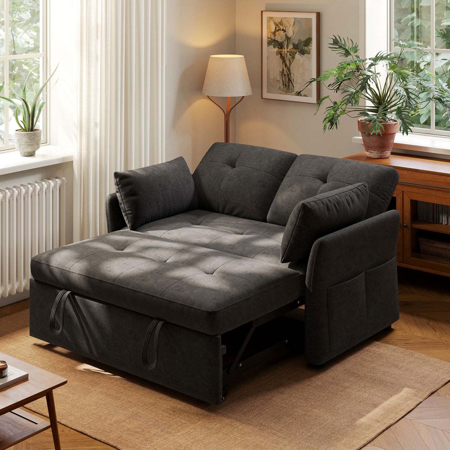 DEYGIA 3 in 1 Convertible Sleeper Sofa Bed, 53" Pull Out Couch with Adjustable Backrest,Storage Pockets and Toolless Assembly. Futon Couch for Living Room, Bedroom. (Black)