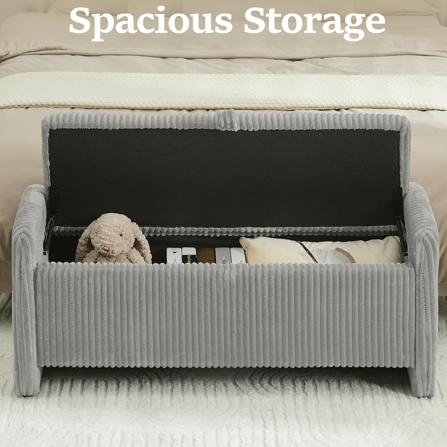 WUTUTUEE 44'' Corduroy Storage Ottoman Bench, Upholstered End of Bed Storage Bench with Safety Hinge, Linear Bed Bench for Bedroom, Living Room, Entryway, Grey