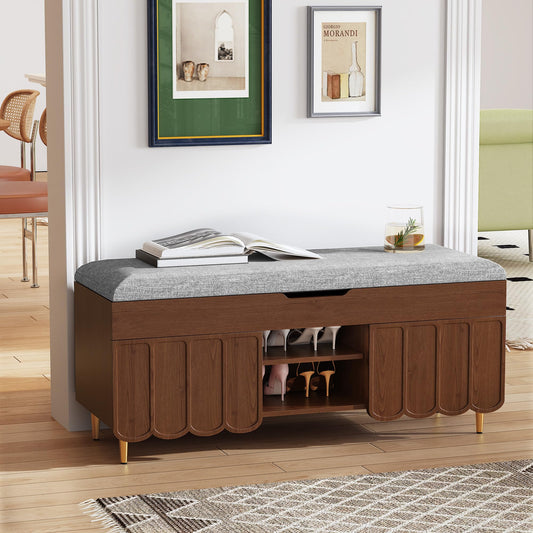 3More 40" Entryway Shoe Storage Bench，Upholstered Hidden Space Beneath Seat Cushion Bench，2-Tier Unique Geometric Shape with Wood Grain，Walnut