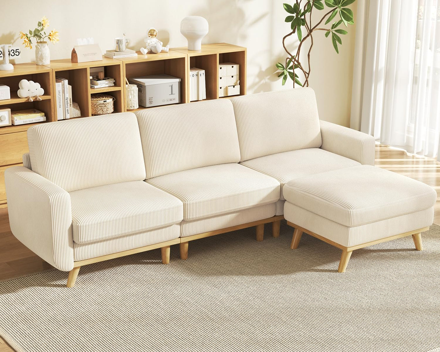 Vesgantti 97" Modular Sectional Sofa Beige, L-Shaped Couch with Movable Ottoman, Comfy Corduroy Couch with Spring Cushion, Modular Sofa with Deep Seat for Living Room, Bedroom and Apartment