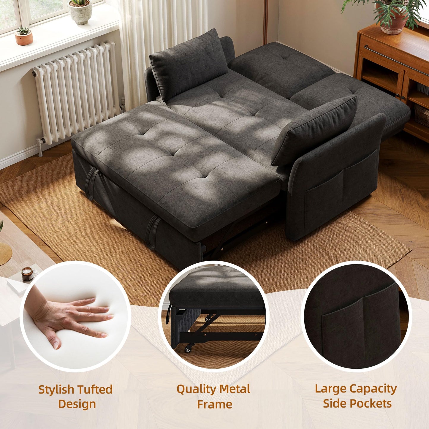 DEYGIA 3 in 1 Convertible Sleeper Sofa Bed, 53" Pull Out Couch with Adjustable Backrest,Storage Pockets and Toolless Assembly. Futon Couch for Living Room, Bedroom. (Black)