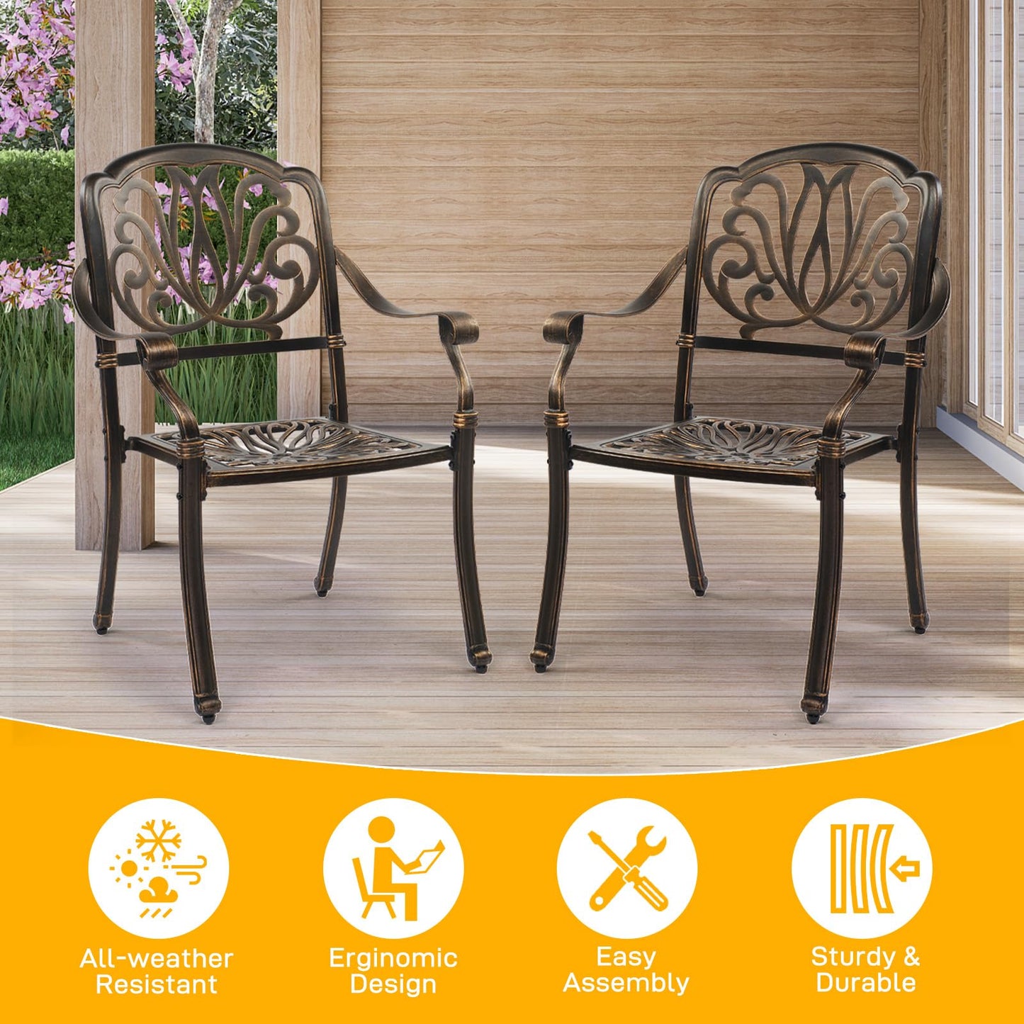 VINGLI Outdoor Dining Chairs Set of 2 Aluminum Patio Chairs, Cast Aluminum Patio Furniture Aluminum Outdoor Chairs for Backyard, Poolside, Balcony Bronze (2, Elizabeth Back Without Cushion)