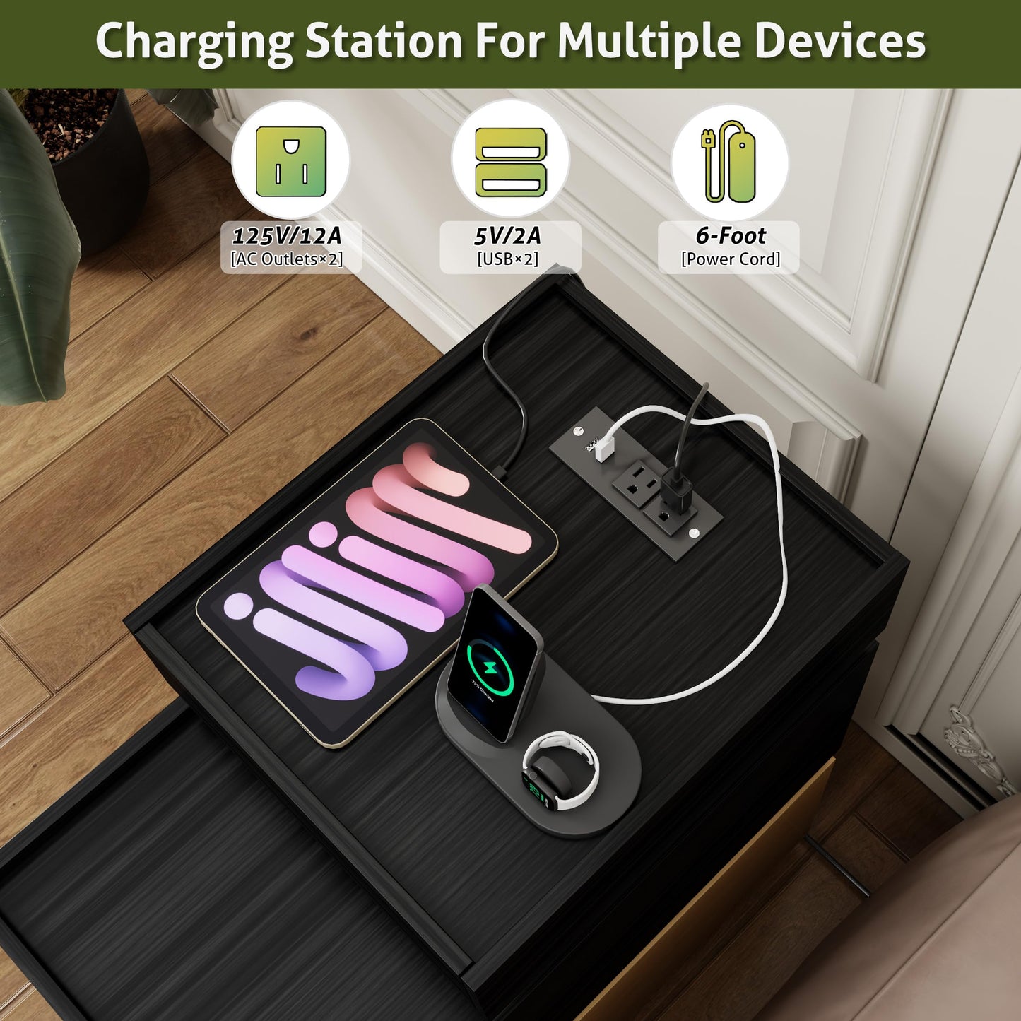 UEV End Table with Charging Station,Narrow Side Table for Living Room,Nightstand with Drawers and Storage,Sofa Side Table with USB Ports and Power Outlets for Living Room and Bedroom,Black and Brown